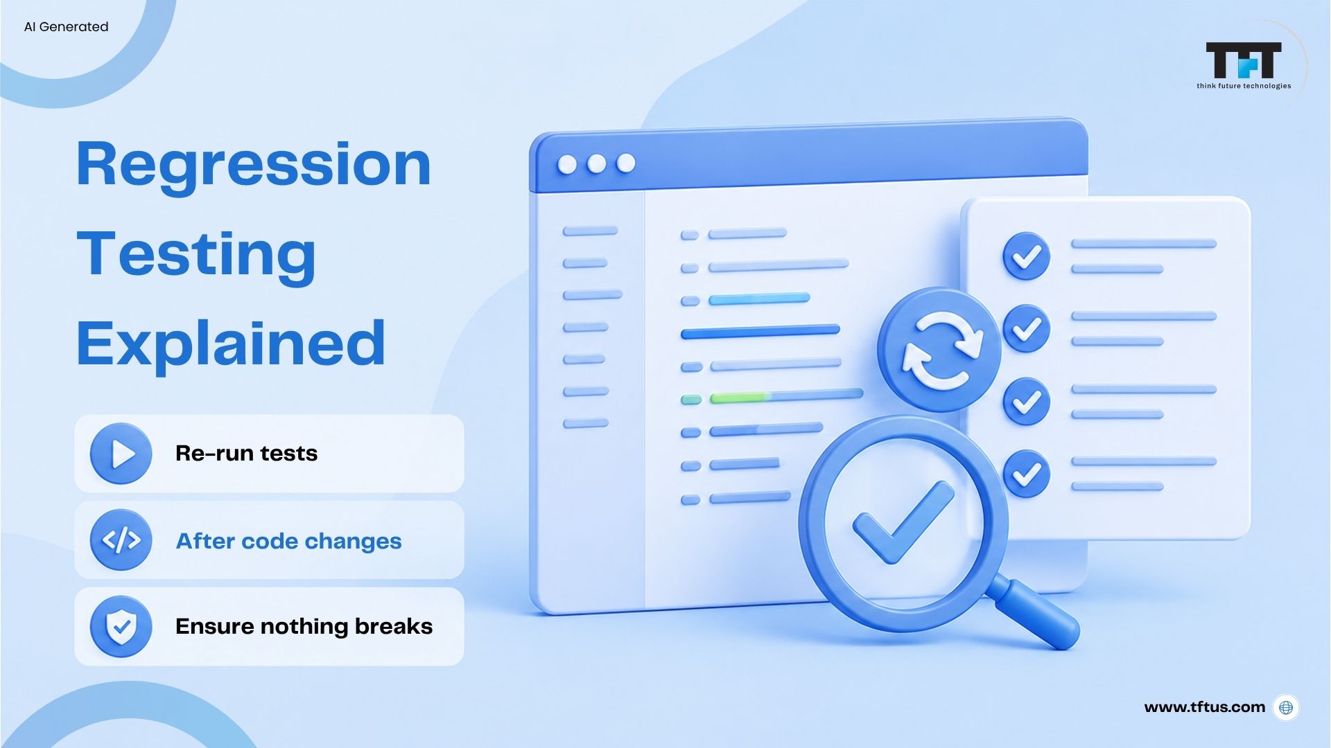 What Is Regression Testing in Software? Definition, Types & Examples 2 Infographic explaining regression testing, highlighting how tests are re-run after code changes to ensure existing functionality remains unaffected.