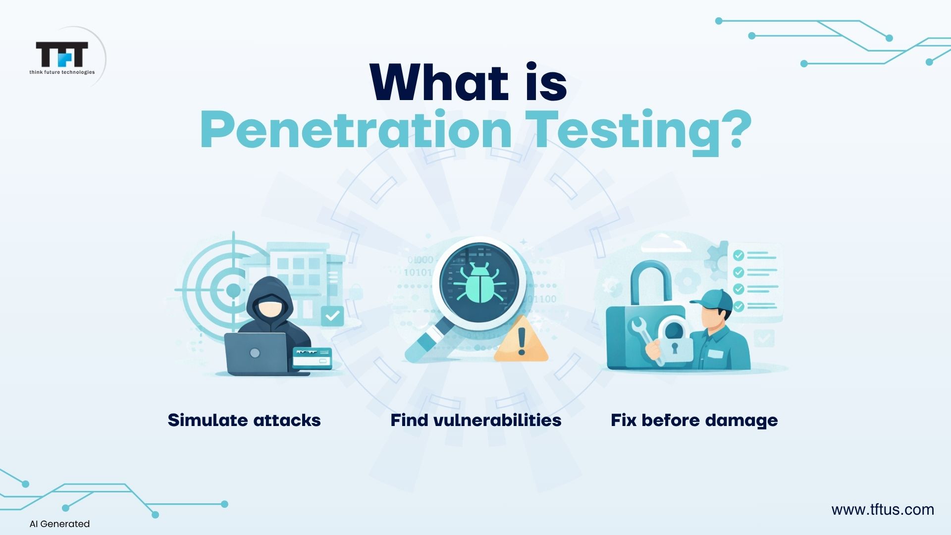 Real-World Examples of Penetration Testing Success Stories: How It Can Save Your Business 2 Illustration explaining penetration testing by simulating cyberattacks to discover security weaknesses and fix vulnerabilities before they cause damage.