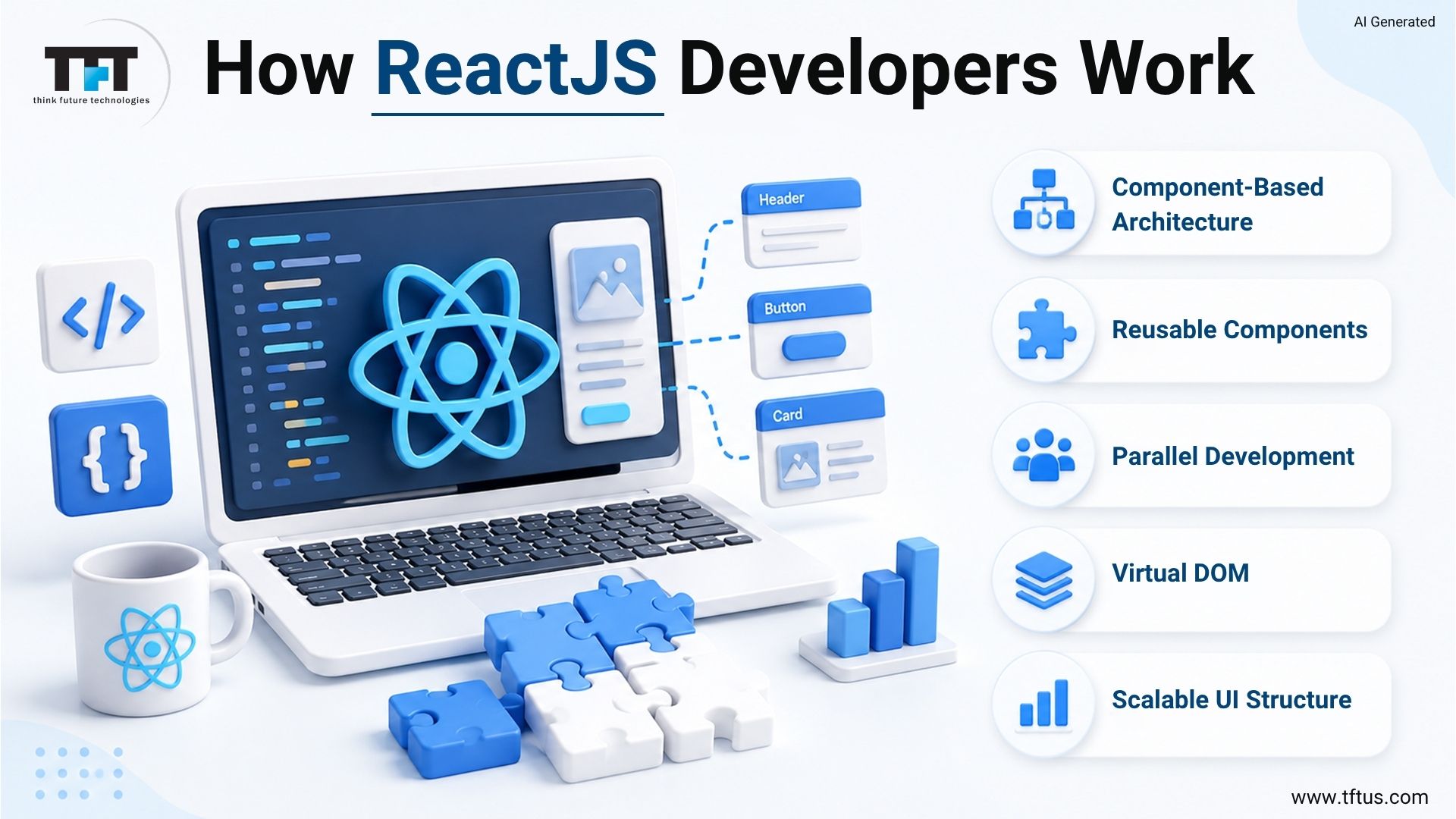 ReactJS development workflow illustrating component-based architecture, reusable components, virtual DOM, parallel development, and scalable user interface design
