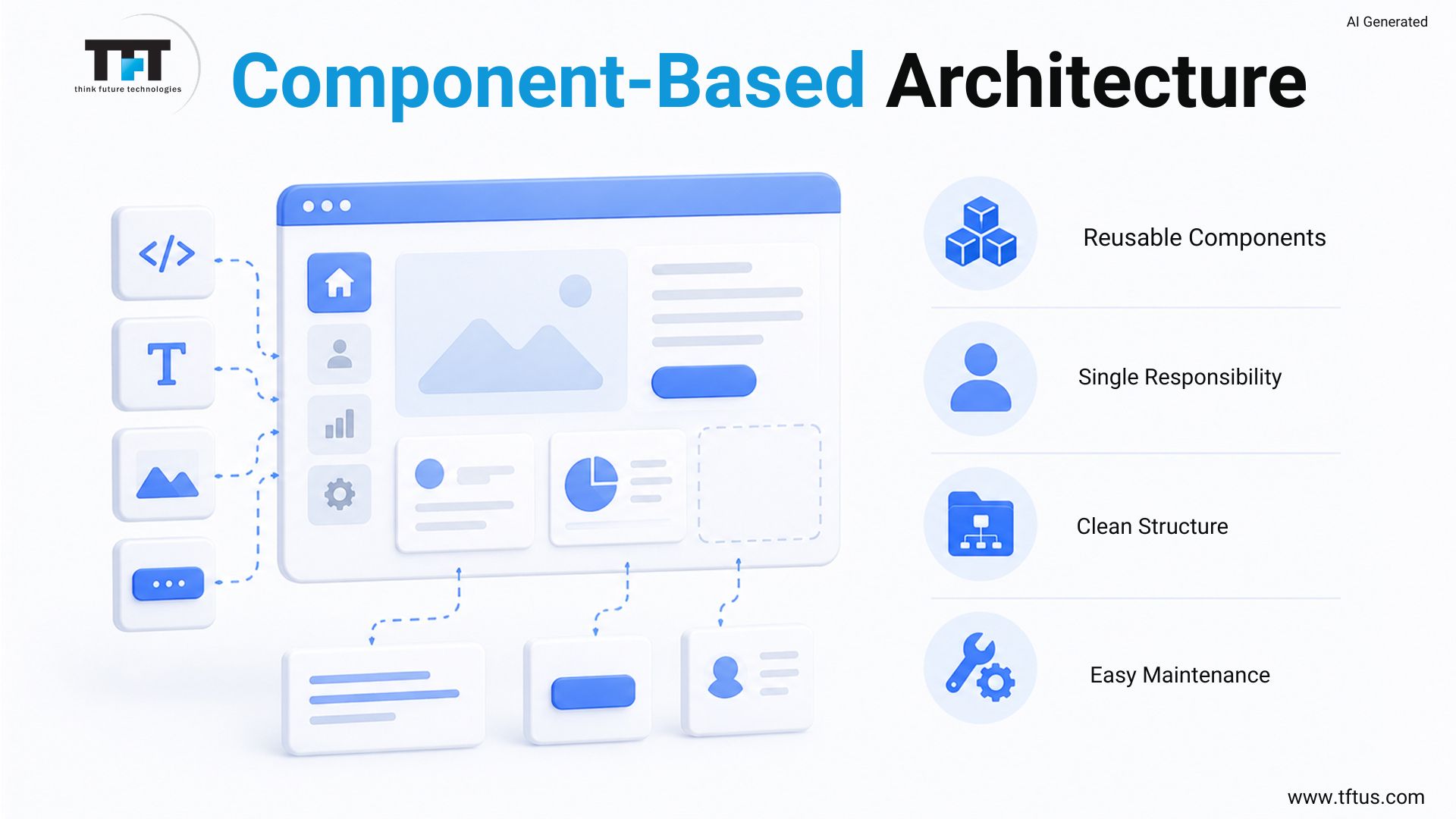 Diagram of component-based architecture showing reusable components, single responsibility, clean structure, and easy maintenance
