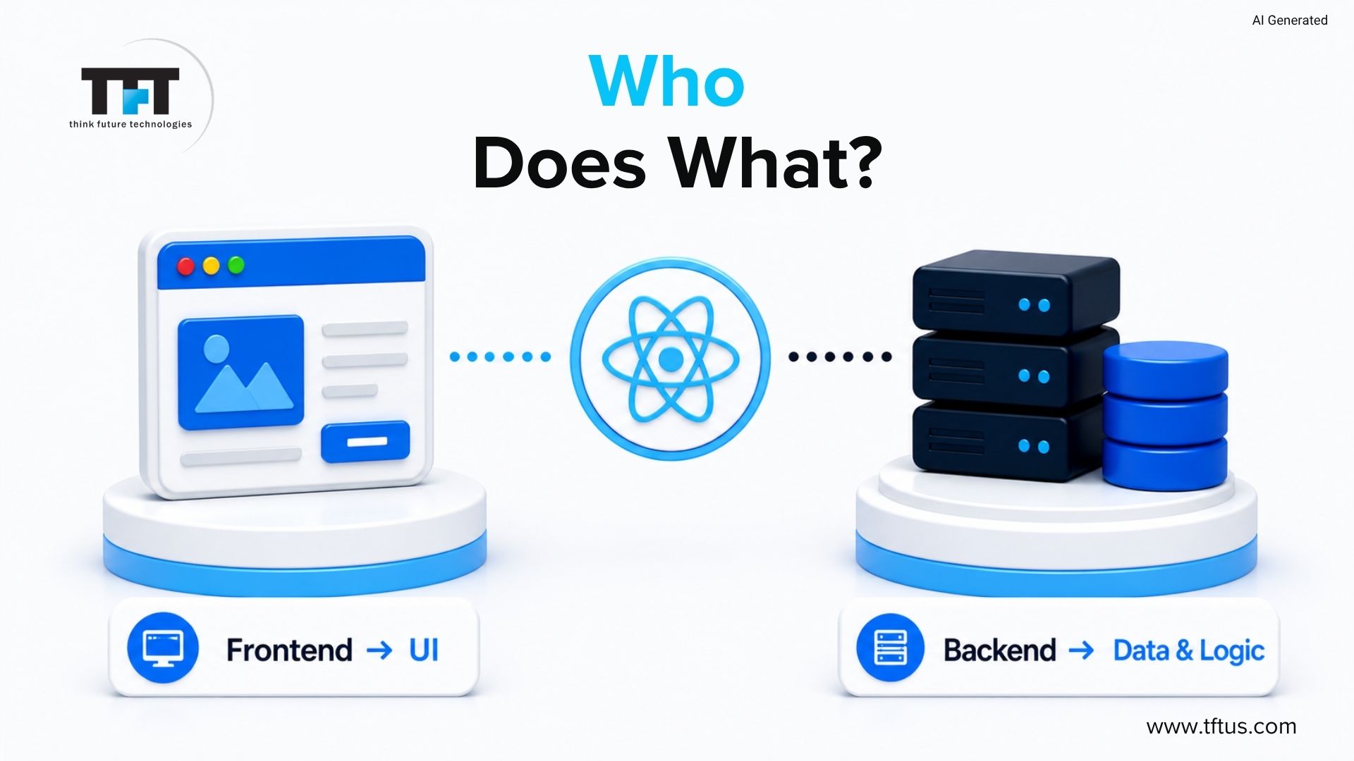 Frontend vs backend architecture showing how ReactJS handles the user interface while backend servers manage application logic, APIs, databases, and data storage