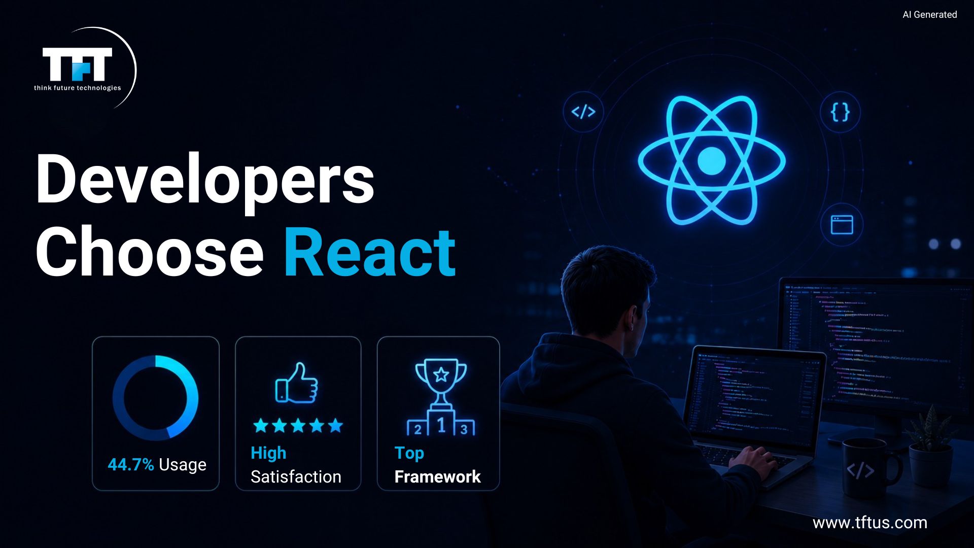 Why developers choose ReactJS, featuring high developer satisfaction, widespread adoption, and its position as one of the most popular JavaScript libraries