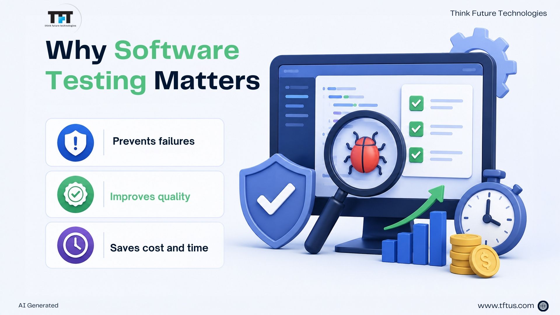 What Is Software Testing? Definition, Types & Importance Explained 3 Infographic highlighting why software testing matters, showcasing how it prevents failures, improves software quality, and saves development time and costs.