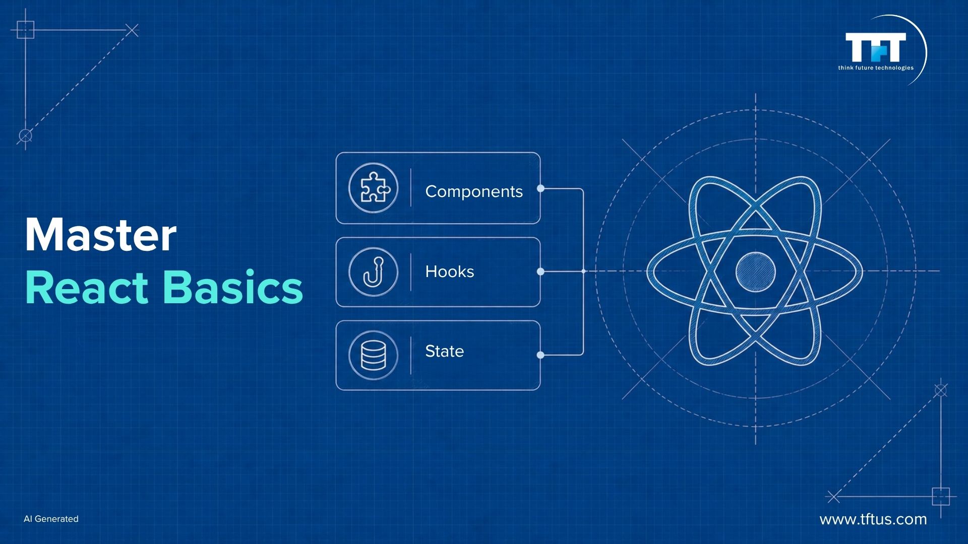 Blueprint graphic illustrating core React concepts, including components, hooks, and state management, with the React logo representing ReactJS fundamentals.

