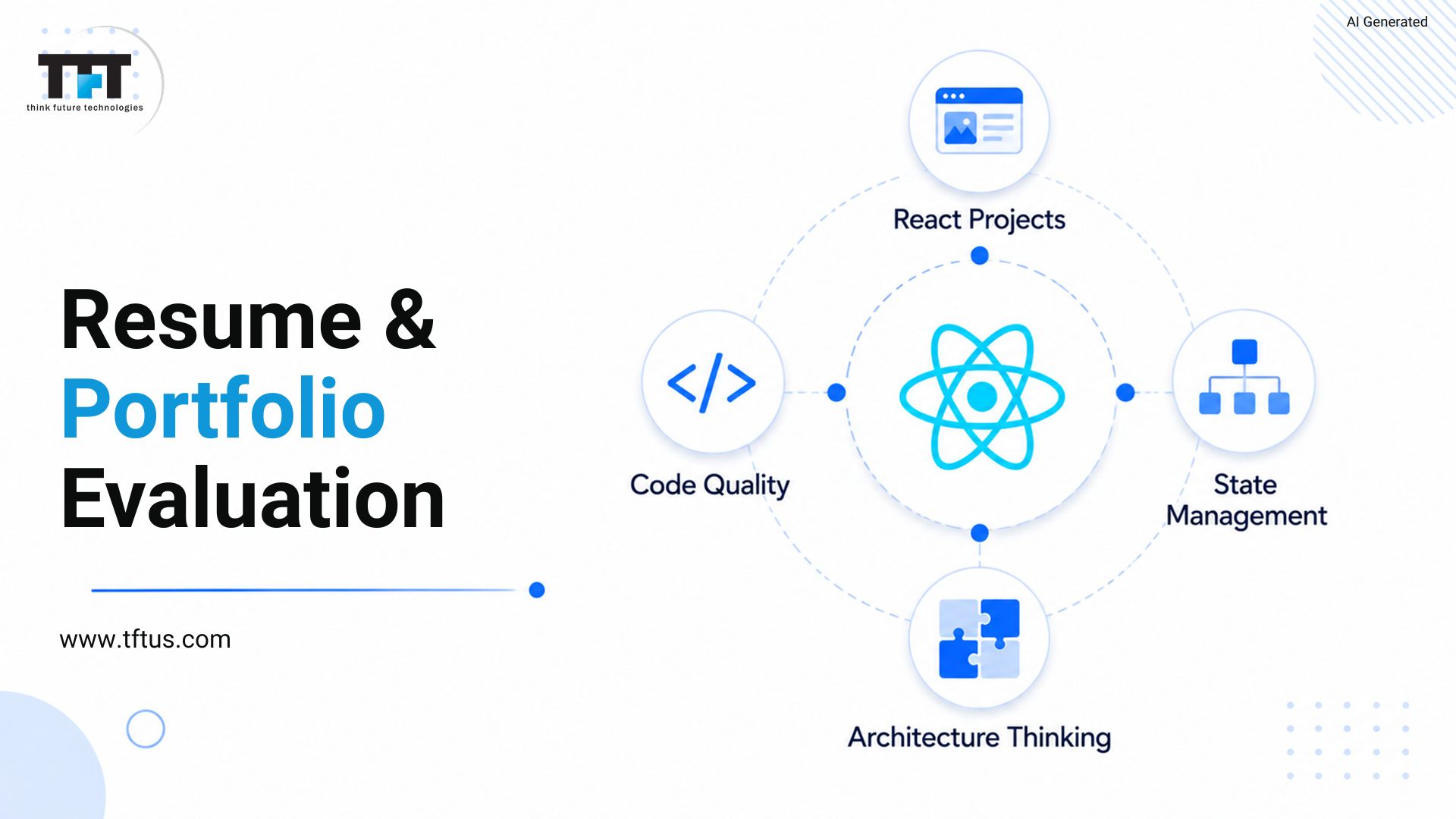TFT Think Future Technologies graphic on React developer resume and portfolio evaluation featuring code quality, React projects, state management, and architecture thinking