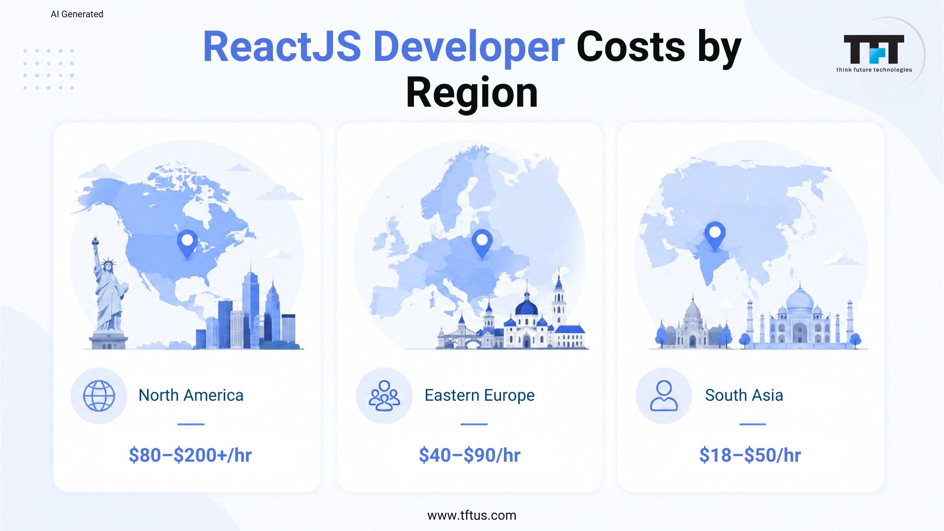 ReactJS developer hourly cost comparison across North America, Eastern Europe, and South Asia