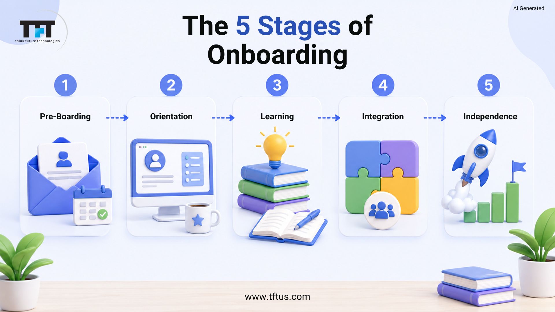 An infographic titled The 5 Stages of Onboarding by think future technologies. It details a five-step linear process: 1. Pre-Boarding, 2. Orientation, 3. Learning, 4. Integration, and 5. Independence, with each stage represented by a distinct 3D icon.