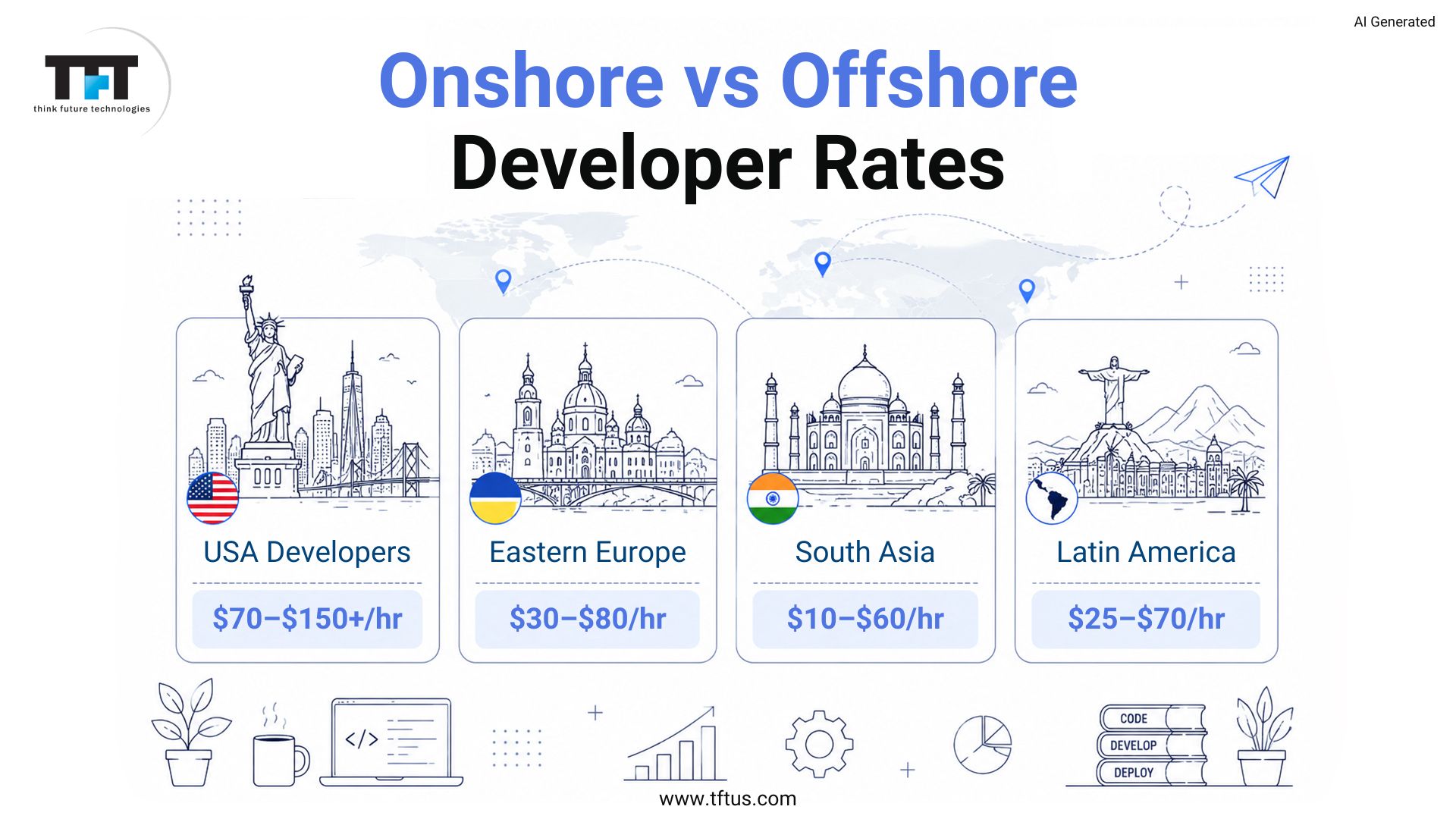 Comparison of onshore and offshore ReactJS developer hourly rates across the USA, Eastern Europe, South Asia, and Latin America