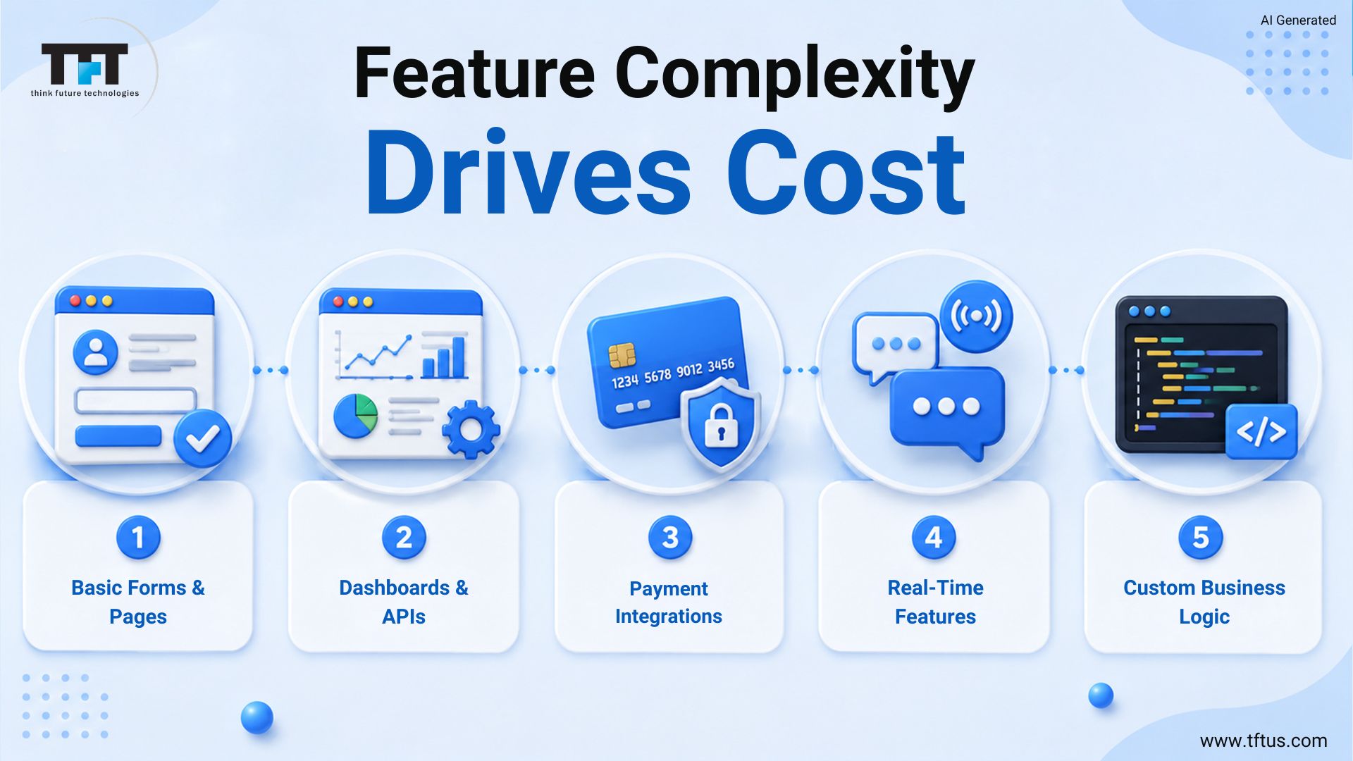 ReactJS feature complexity comparison showing how basic pages, dashboards, payment integrations, real-time features, and custom business logic impact development costs