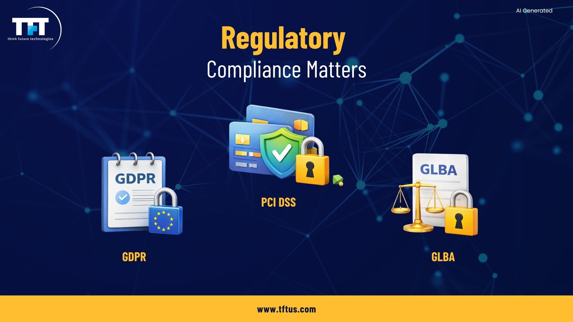 Illustration highlighting the importance of regulatory compliance in financial cybersecurity, covering GDPR, PCI DSS, and GLBA standards to protect sensitive financial information.
