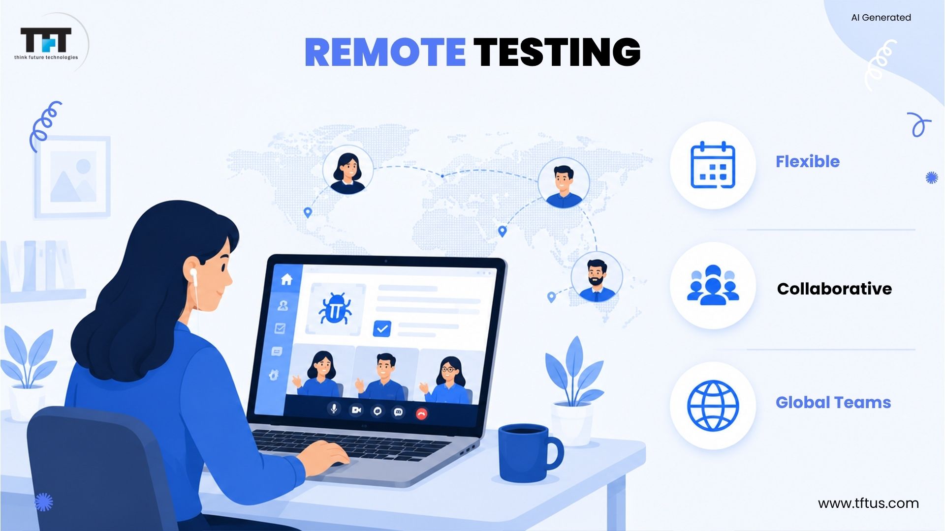 Illustration showcasing remote testing, emphasizing flexible scheduling, seamless collaboration, and efficient coordination across globally distributed teams.
