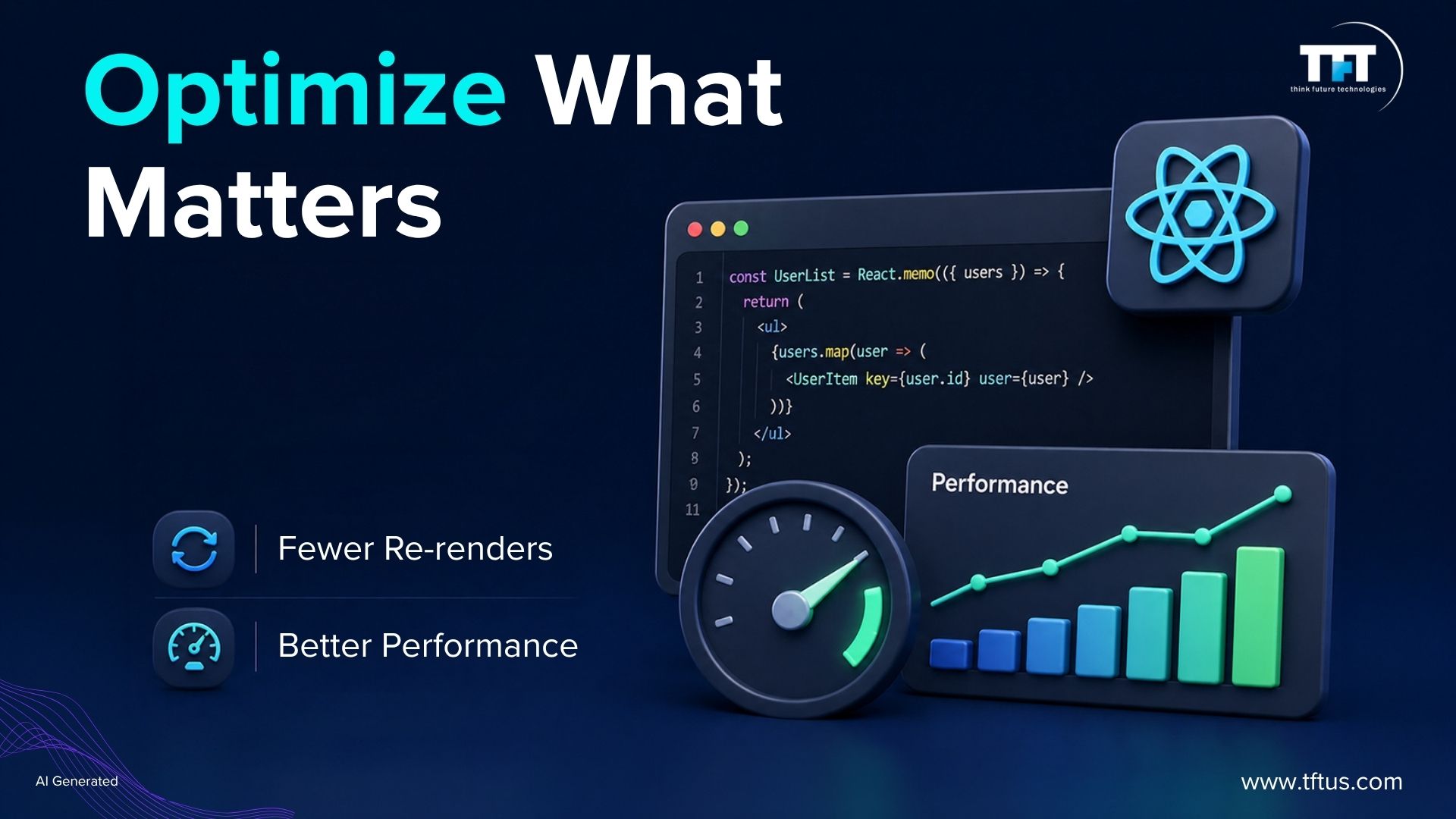 Illustration demonstrating React performance optimization by reducing unnecessary re-renders and improving application efficiency with optimized rendering techniques.
