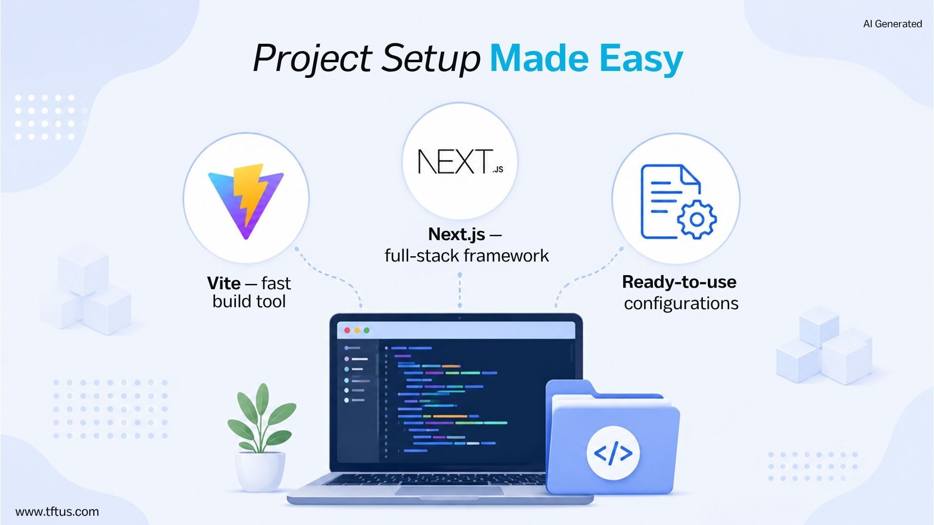 Illustration explaining React project setup with Vite, Next.js, and ready-to-use configurations for quickly building modern web applications.
