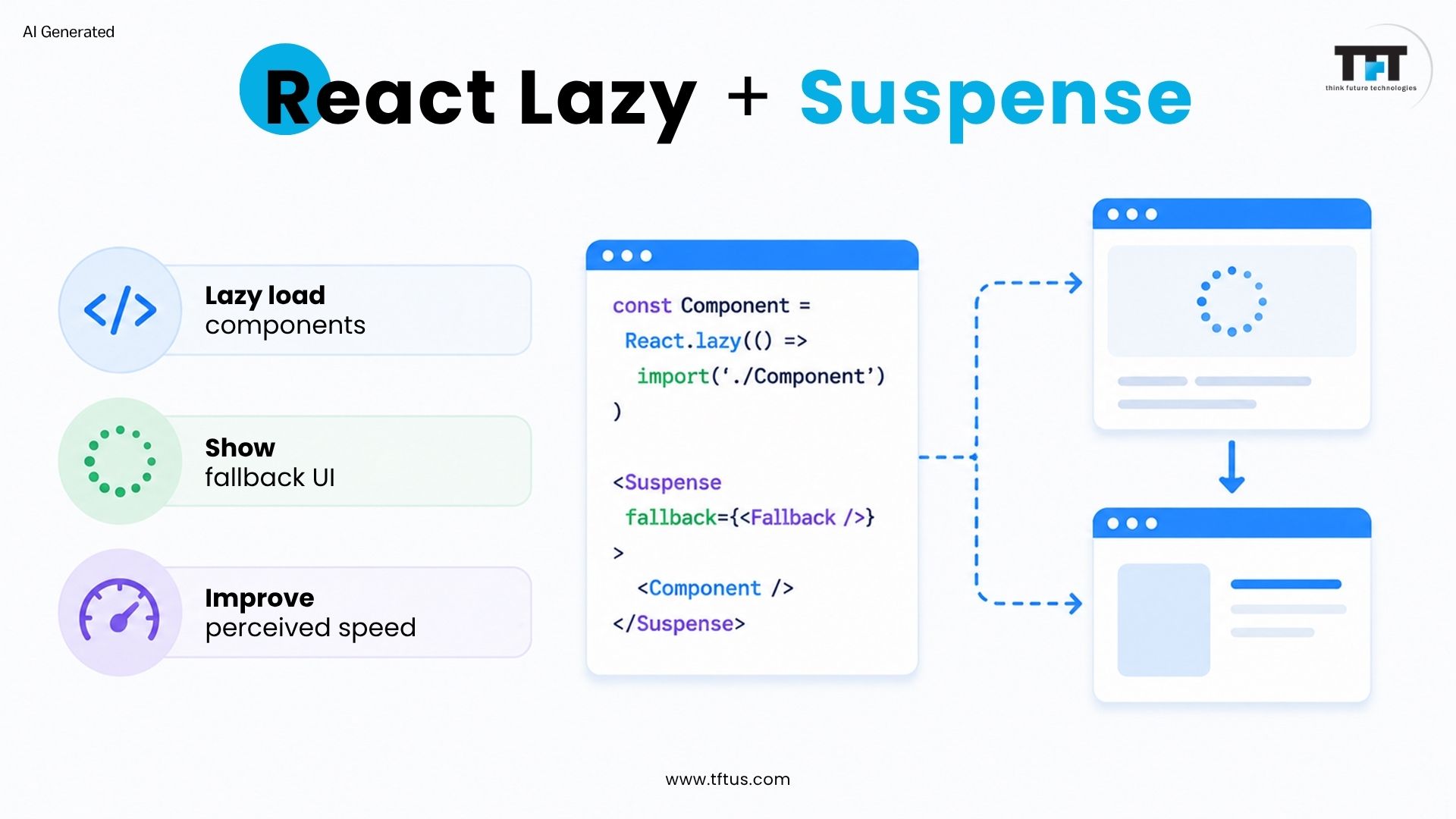 Code Splitting Benefits in ReactJS: Improve Performance & Load Speed 4 Illustration showing React.lazy and Suspense in ReactJS, highlighting lazy loading of components, fallback UI during loading, and improved perceived application speed.