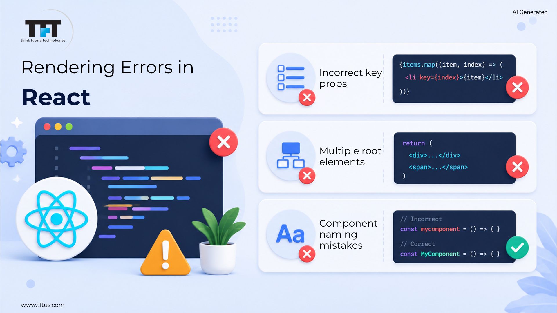 Illustration showcasing common React rendering errors, including incorrect key props, multiple root elements, and component naming mistakes with code examples.
