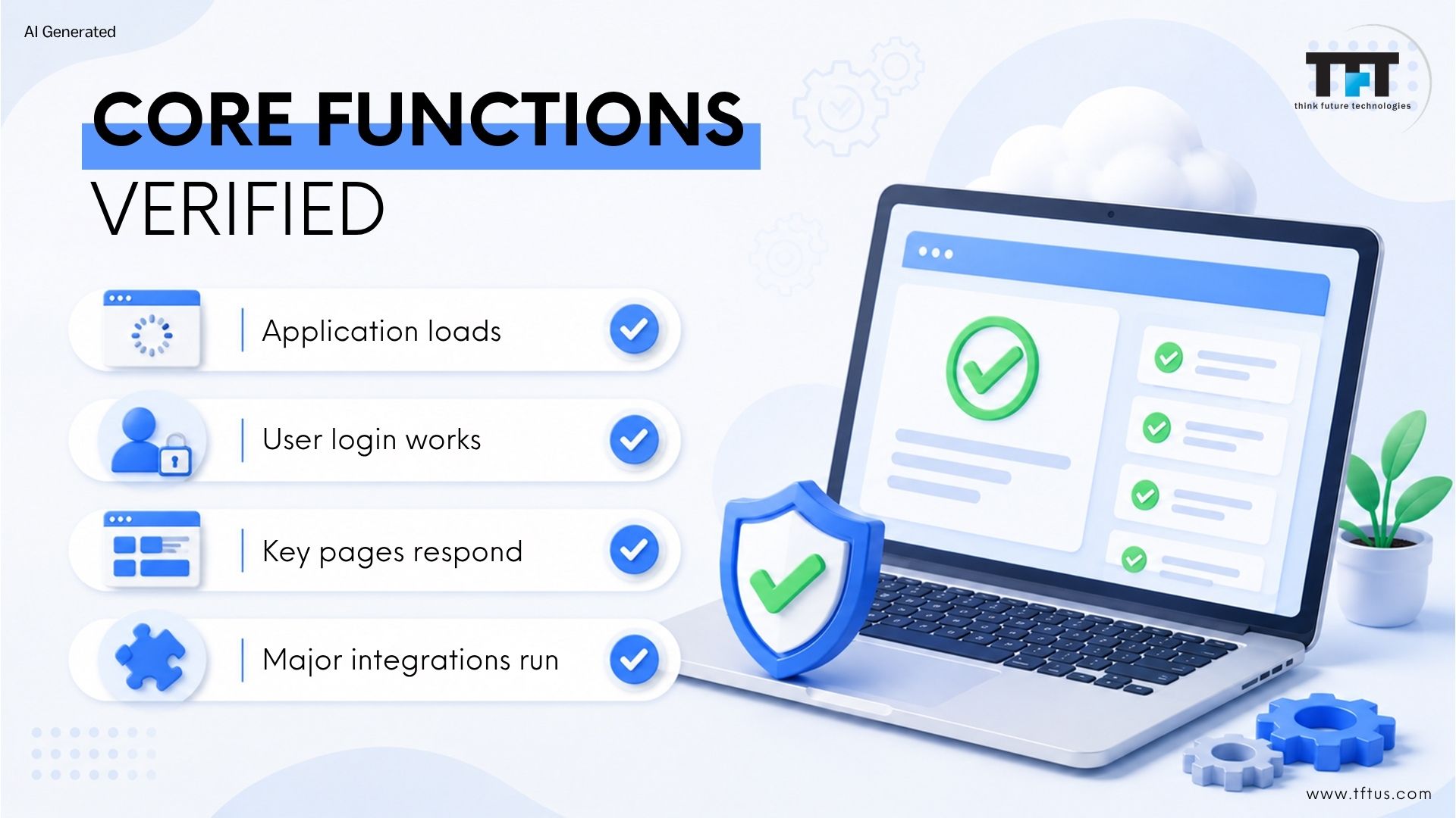 What Is a Smoke Test in Software? Definition, Purpose & Examples 4 Illustration showcasing the core functionalities verified during smoke testing, including application launch, user login, key page accessibility, and major system integrations.