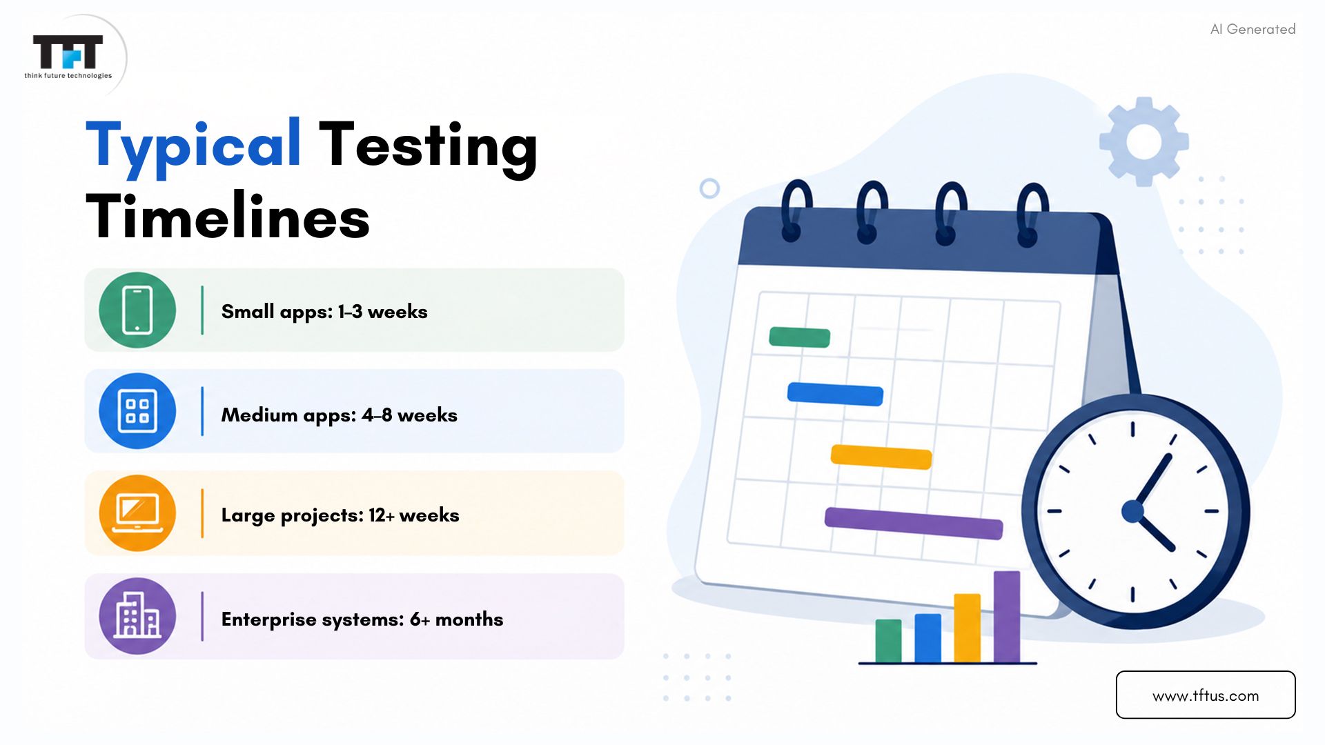 How Long Does Software Testing Take? Factors, Stages & Time Estimates 2 Illustration comparing typical software testing timelines for small, medium, large, and enterprise applications, showing how project complexity influences testing duration.