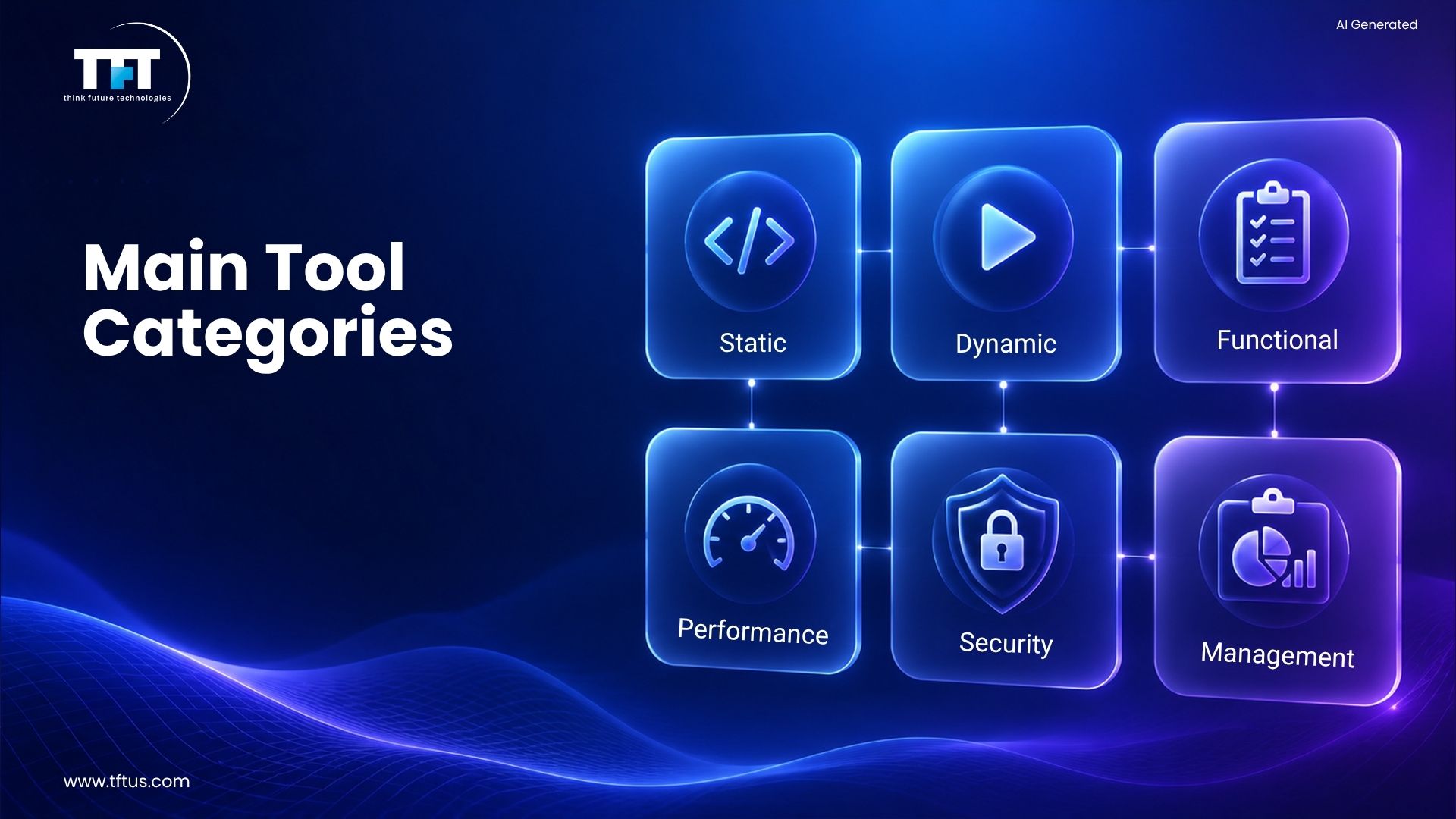 How Many Software Testing Tools Are Available? Complete List & Overview 4 Illustration showing the main categories of software testing tools including static testing, dynamic testing, functional testing, performance testing, security testing, and test management.