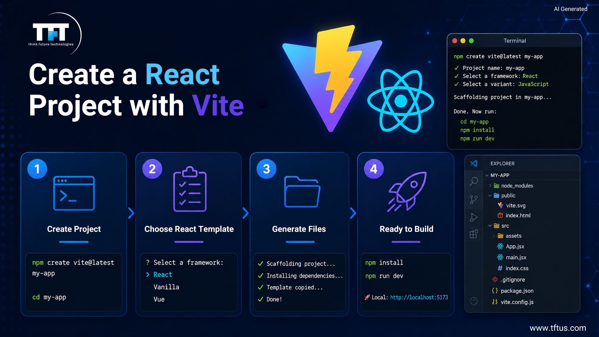 A step-by-step technical workflow graphic titled "Create a React Project with Vite" illustrating the 4-stage setup process along with terminal command execution lines and file tree structures.