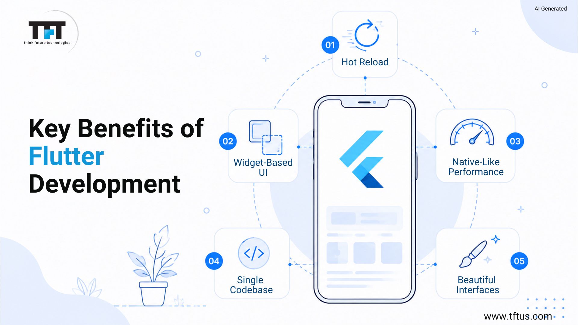 Best Flutter Development Companies: Top Agencies for High-Performance Mobile Apps 9 Infographic highlighting the key benefits of Flutter development, including hot reload, widget-based UI, native-like performance, a single codebase, and beautiful user interfaces, centered around a smartphone displaying the Flutter logo.