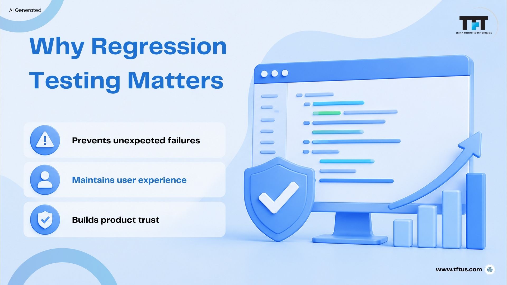 What Is Regression Testing in Software? Definition, Types & Examples 3 Illustration explaining why regression testing matters by preventing unexpected failures, maintaining a consistent user experience, and building trust in software quality.