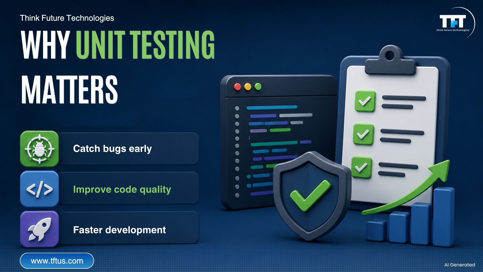 Infographic highlighting the importance of unit testing by catching bugs early, improving code quality, and enabling faster software development.
