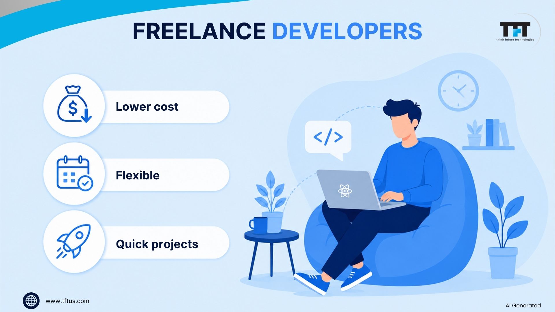 Illustration highlighting the advantages of hiring freelance ReactJS developers, including lower costs, greater flexibility, and suitability for short-term or fast-paced projects.
