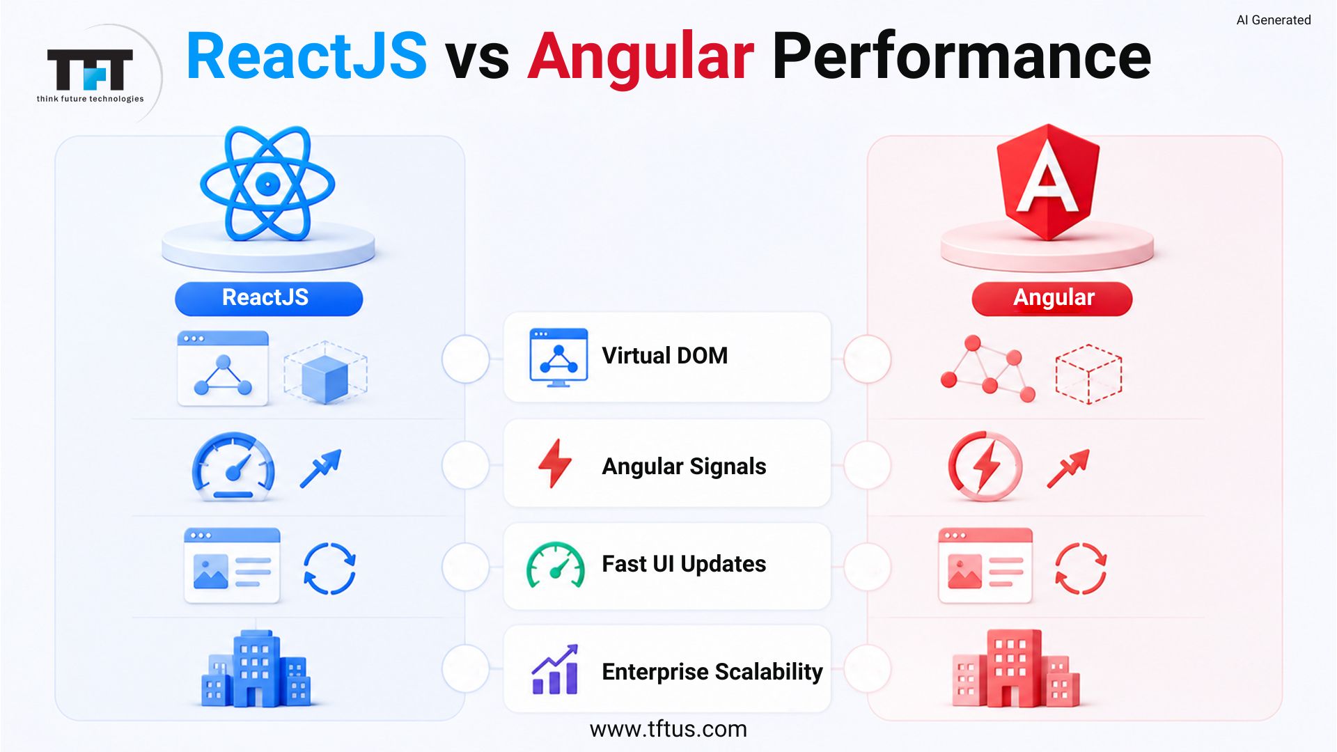 What Is the Difference Between AngularJS and ReactJS: Complete Comparison 4 An infographic titled ReactJS vs Angular Performance by think future technologies. It shows a central comparison list of technical performance factors including Virtual DOM, Angular Signals, Fast UI Updates, and Enterprise Scalability with corresponding indicators for each framework.