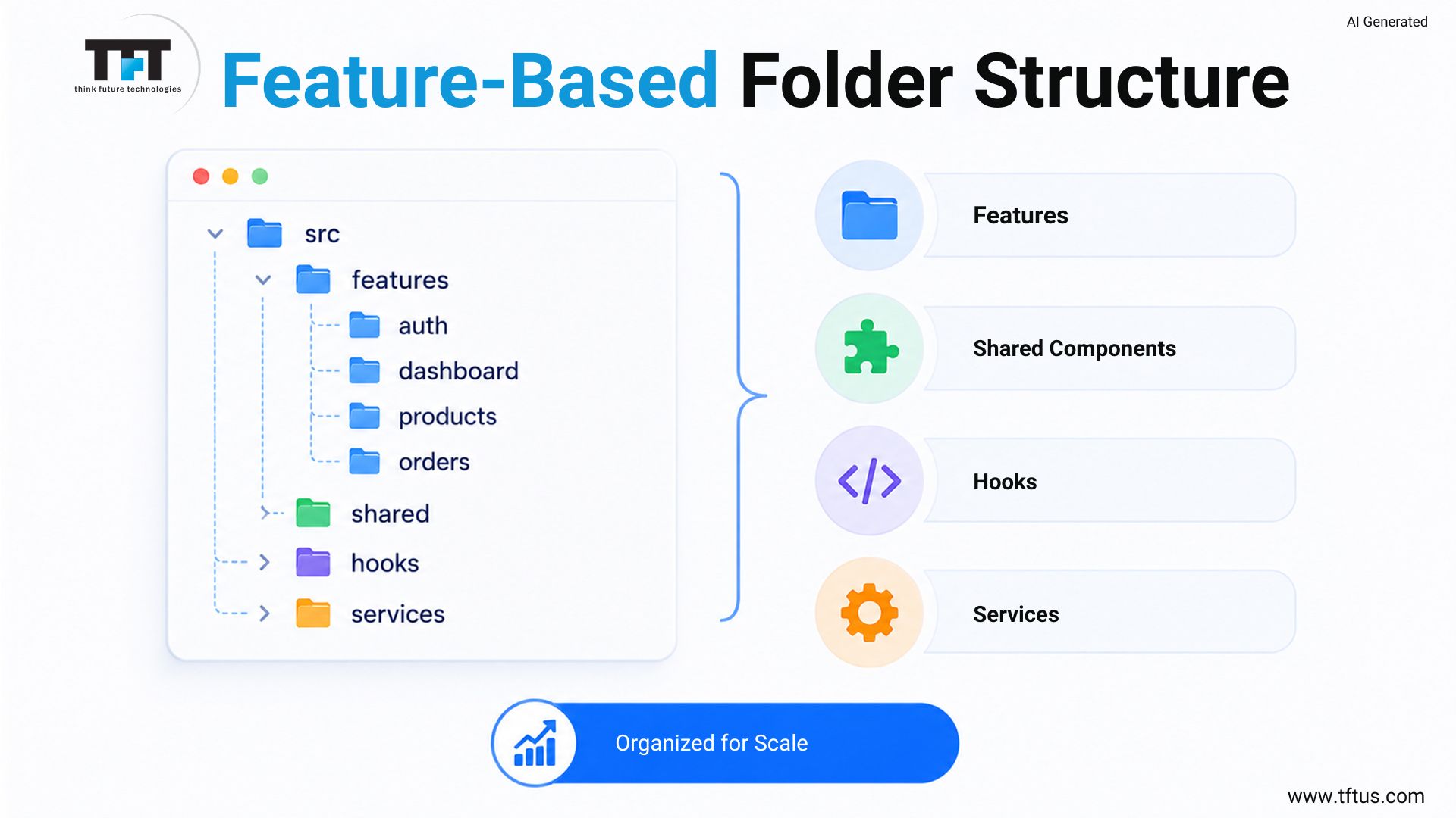 Diagram of a feature-based folder structure with features, shared components, hooks, and services organized for scale
