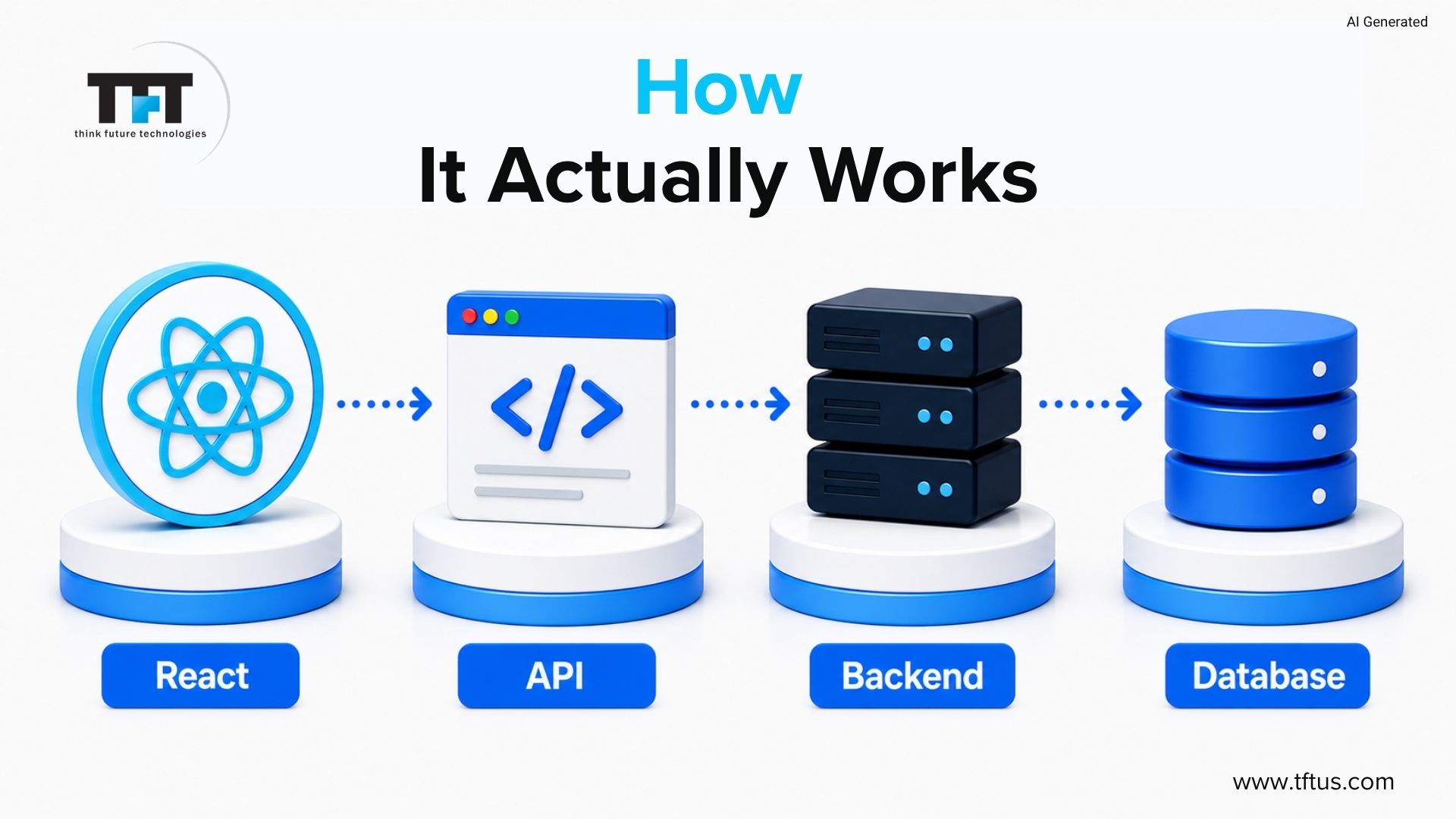 How ReactJS works with backend systems through API requests, backend processing, and database interactions to deliver dynamic web applications