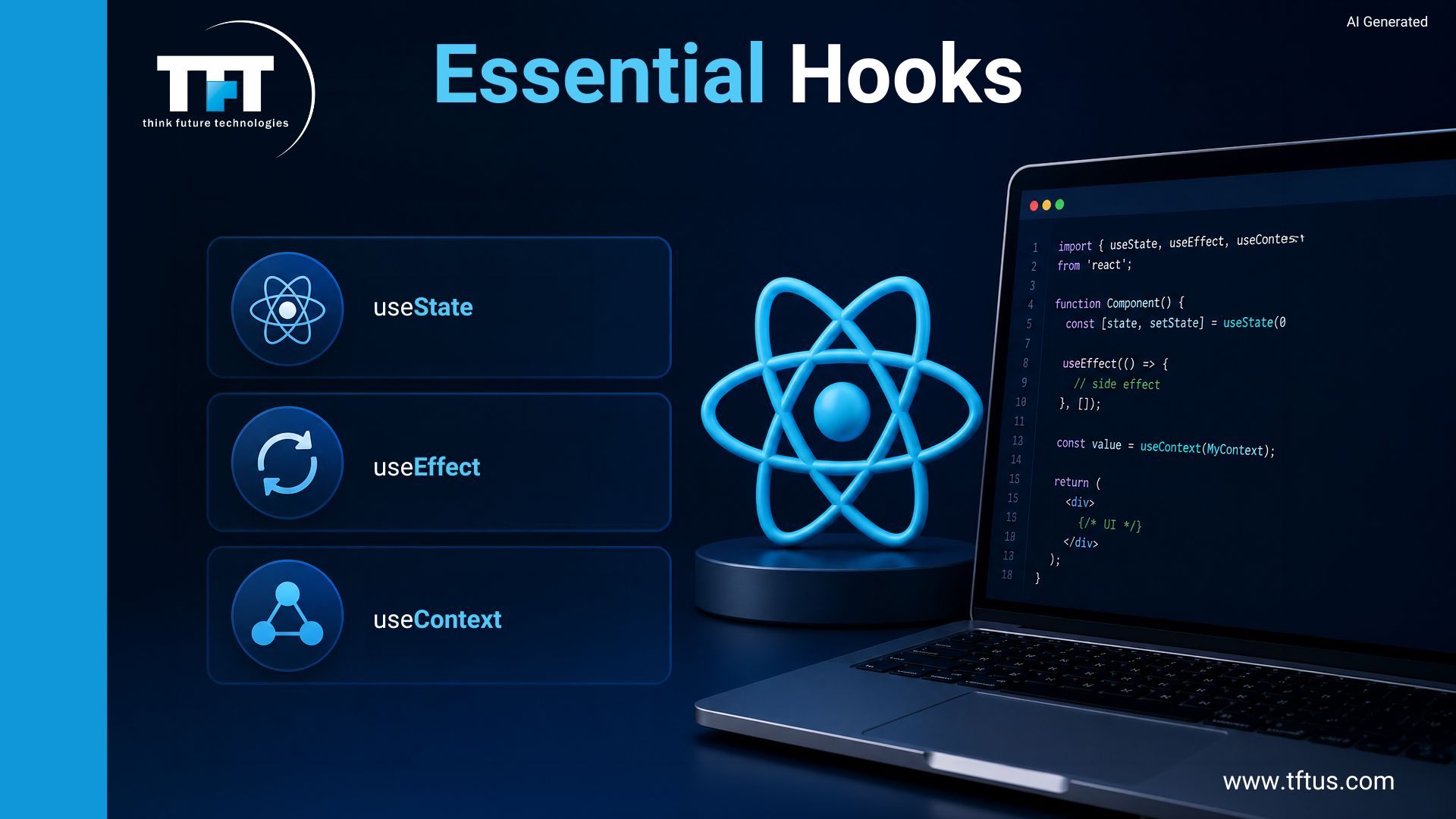 Essential React Hooks including useState, useEffect, and useContext for managing component state, side effects, and shared application data