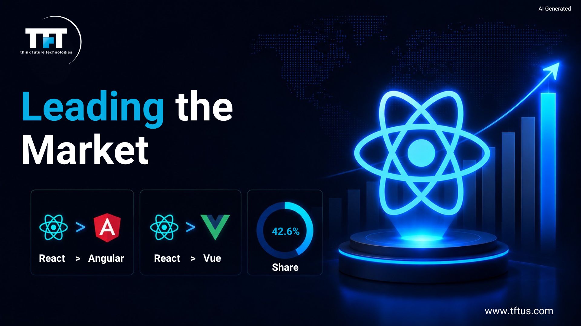 ReactJS market share compared with other frontend frameworks, illustrating React's leading position, growing popularity, and strong developer adoption