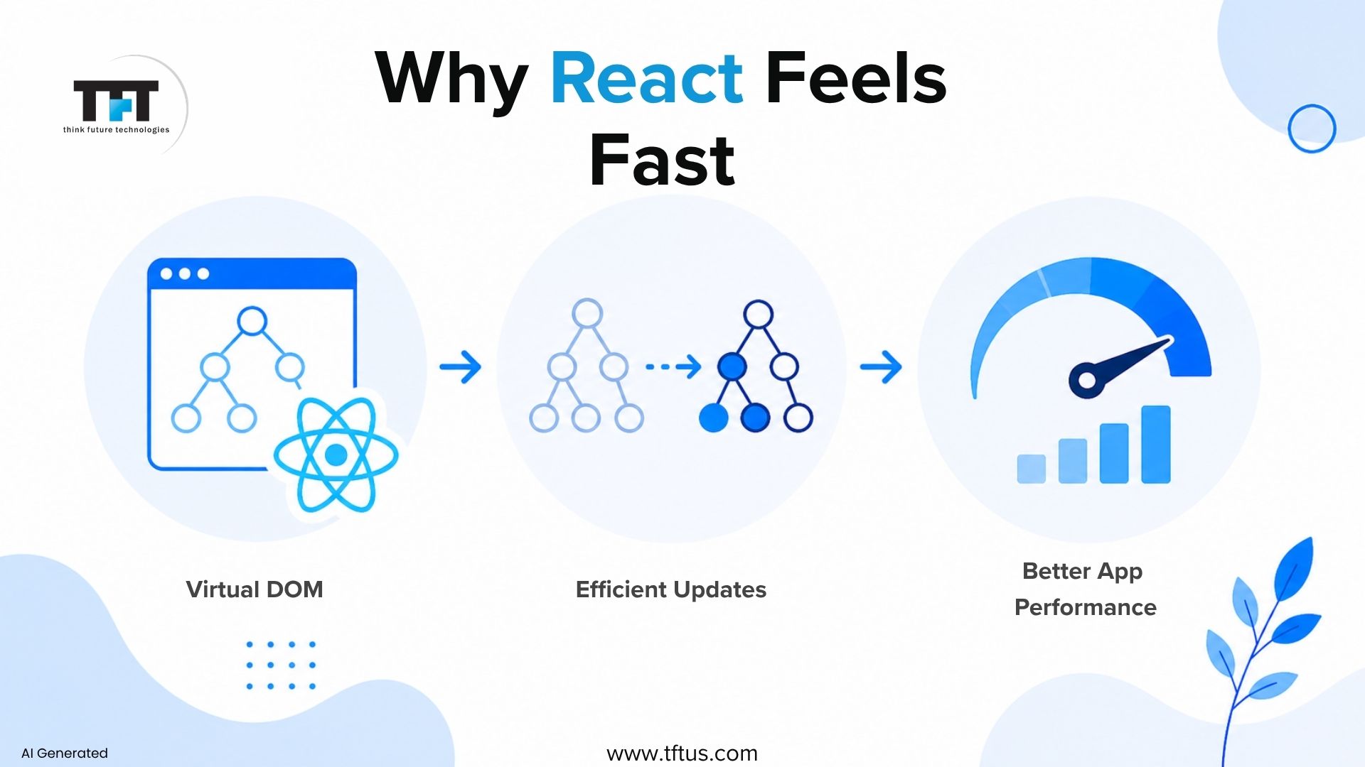Illustration explaining why React is fast, showcasing the Virtual DOM, efficient updates, and improved application performance through optimized rendering.
