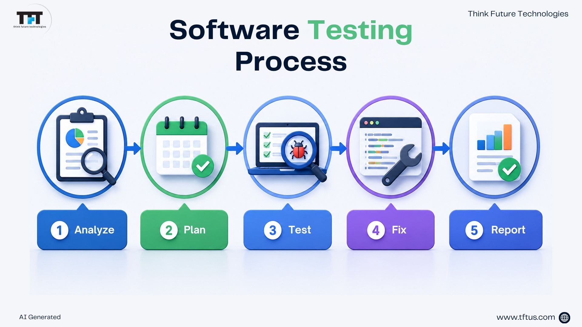 What Is Software Testing? Definition, Types & Importance Explained 4 Illustration explaining the software testing process through five stages: Analyze, Plan, Test, Fix, and Report.