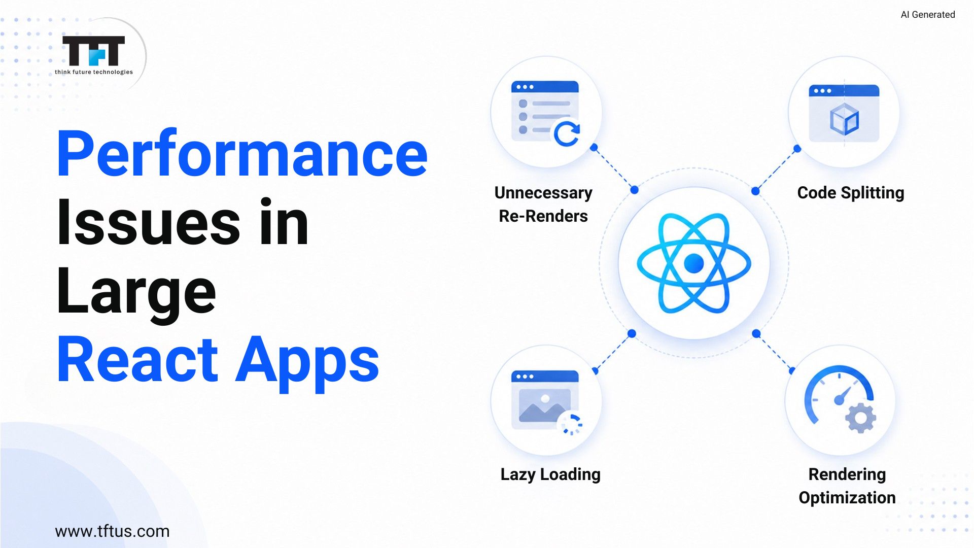 TFT Think Future Technologies illustration of performance issues in large React apps covering unnecessary re-renders, code splitting, lazy loading, and rendering optimization around the React logo
