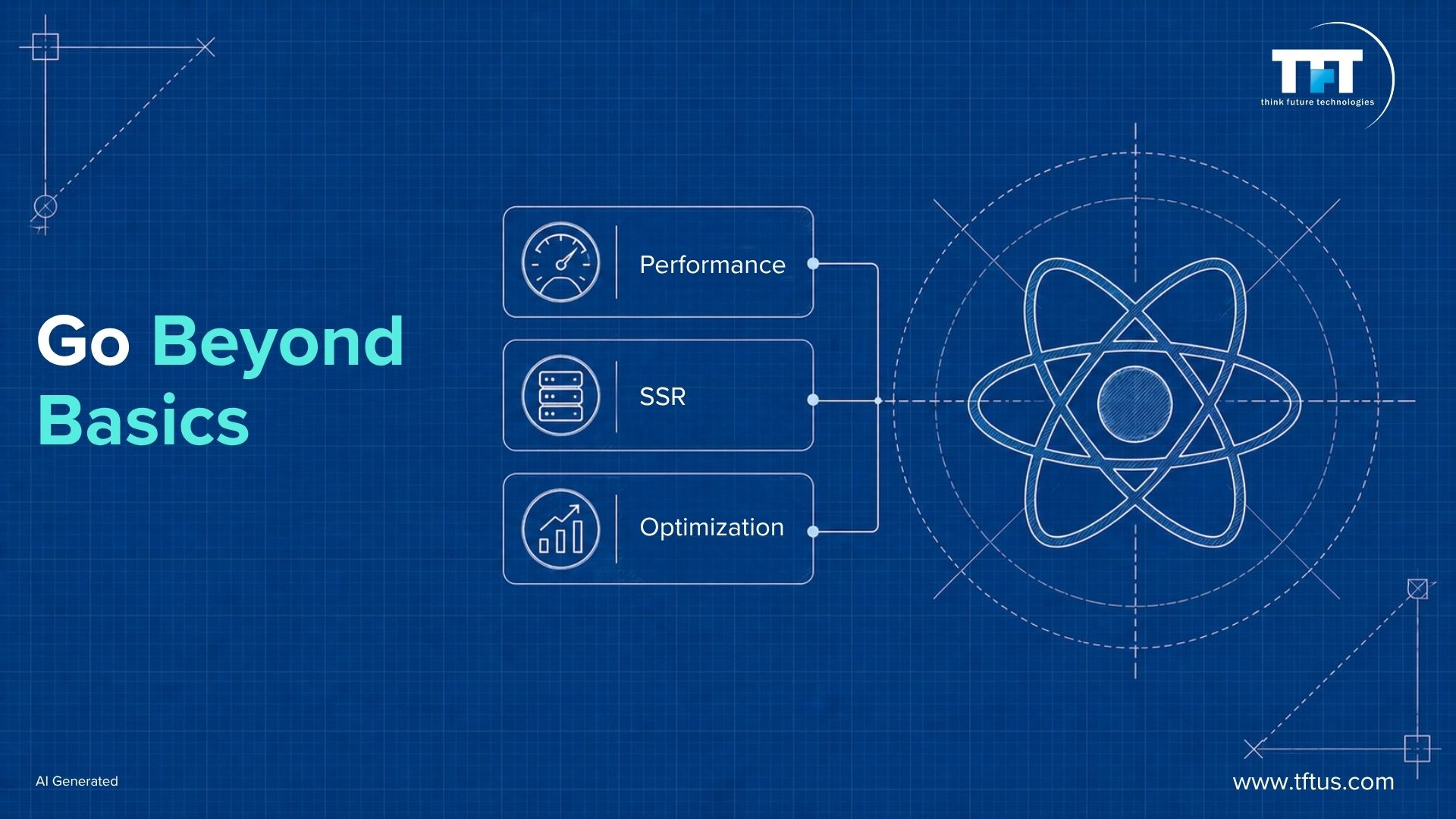 Blueprint illustration highlighting advanced ReactJS concepts, including performance optimization, server-side rendering (SSR), and application optimization.
