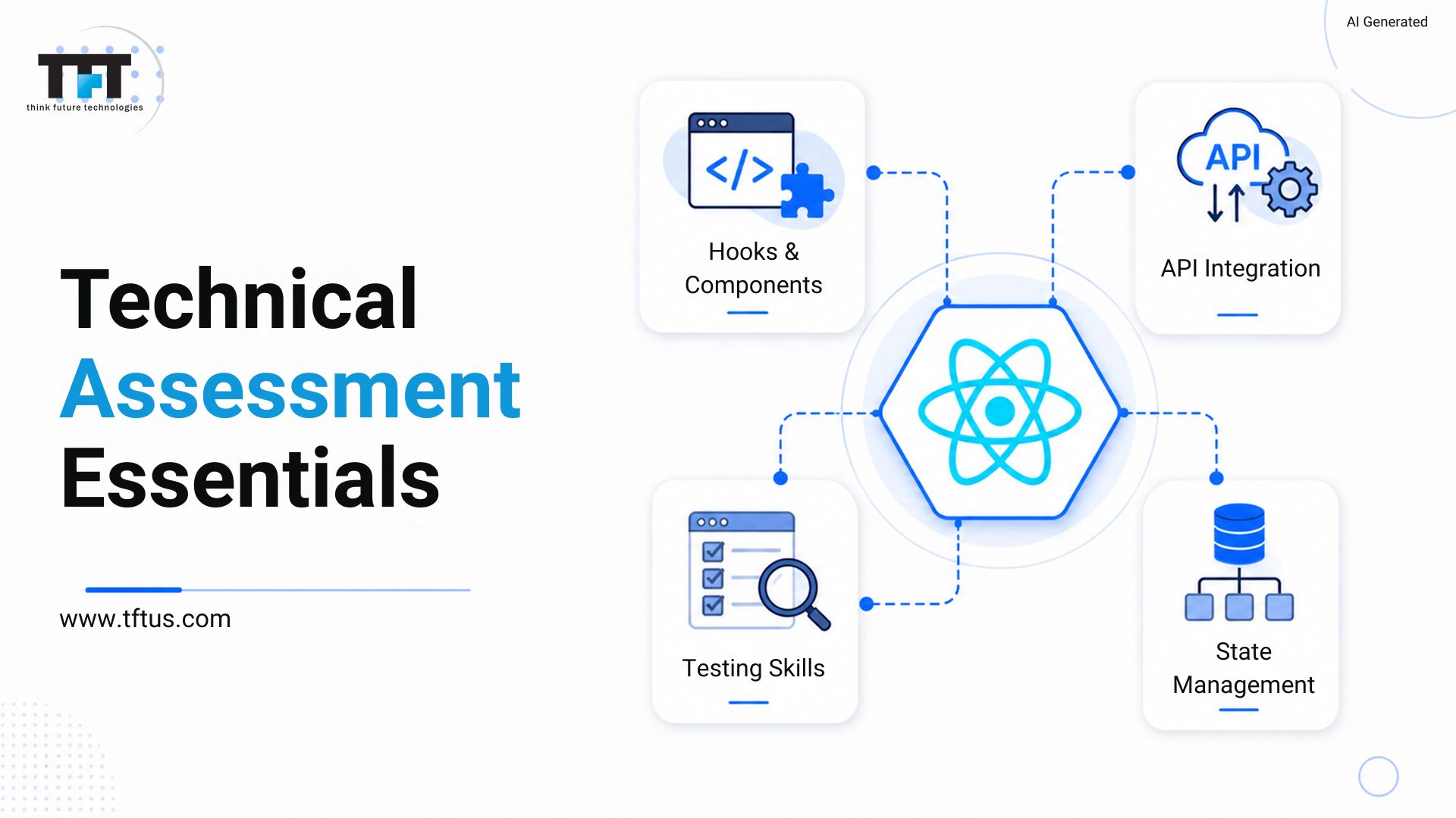 TFT Think Future Technologies illustration of React technical assessment essentials covering hooks and components, API integration, testing skills, and state management