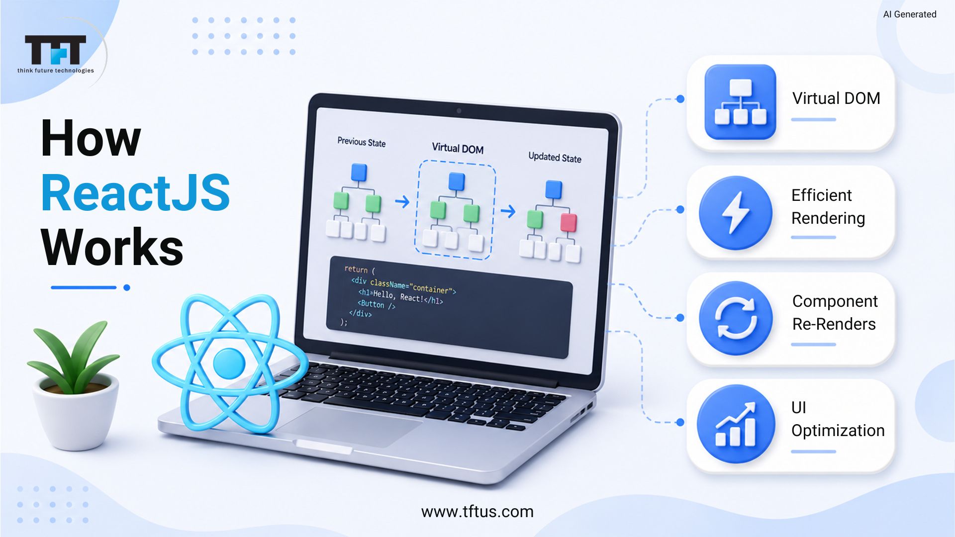 TFT Think Future Technologies graphic explaining how ReactJS works, showcasing the Virtual DOM, efficient rendering, component re-renders, and UI optimization with a laptop illustration