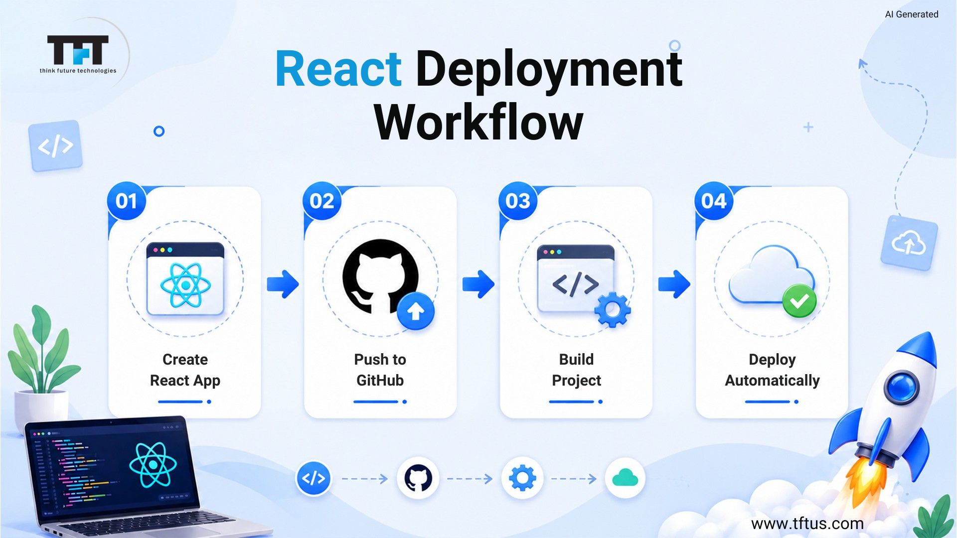How to Deploy ReactJS App: Step-by-Step Guide for Beginners 4 React deployment workflow illustrating the process of creating a React app, pushing code to GitHub, building the project, and deploying automatically