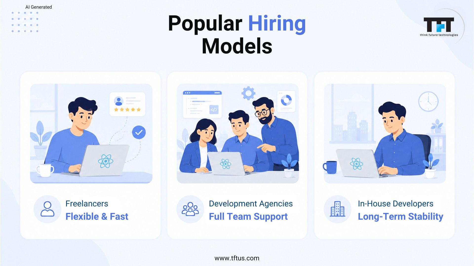 Overview of popular ReactJS hiring models, including freelancers, development agencies, and in-house developers, with their key benefits