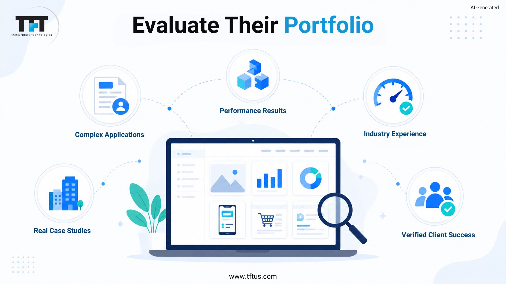 ReactJS developer portfolio evaluation showing complex applications, performance results, industry experience, verified client success, and real-world case studies