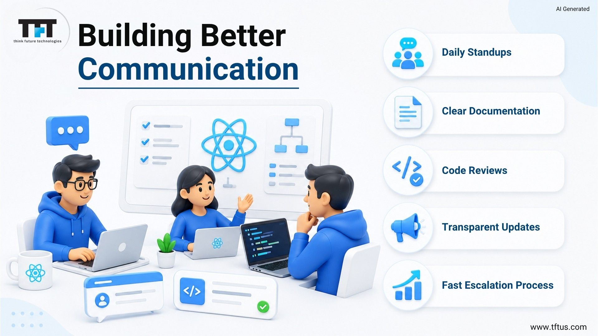 ReactJS communication best practices featuring daily standups, clear documentation, code reviews, transparent updates, and efficient issue escalation