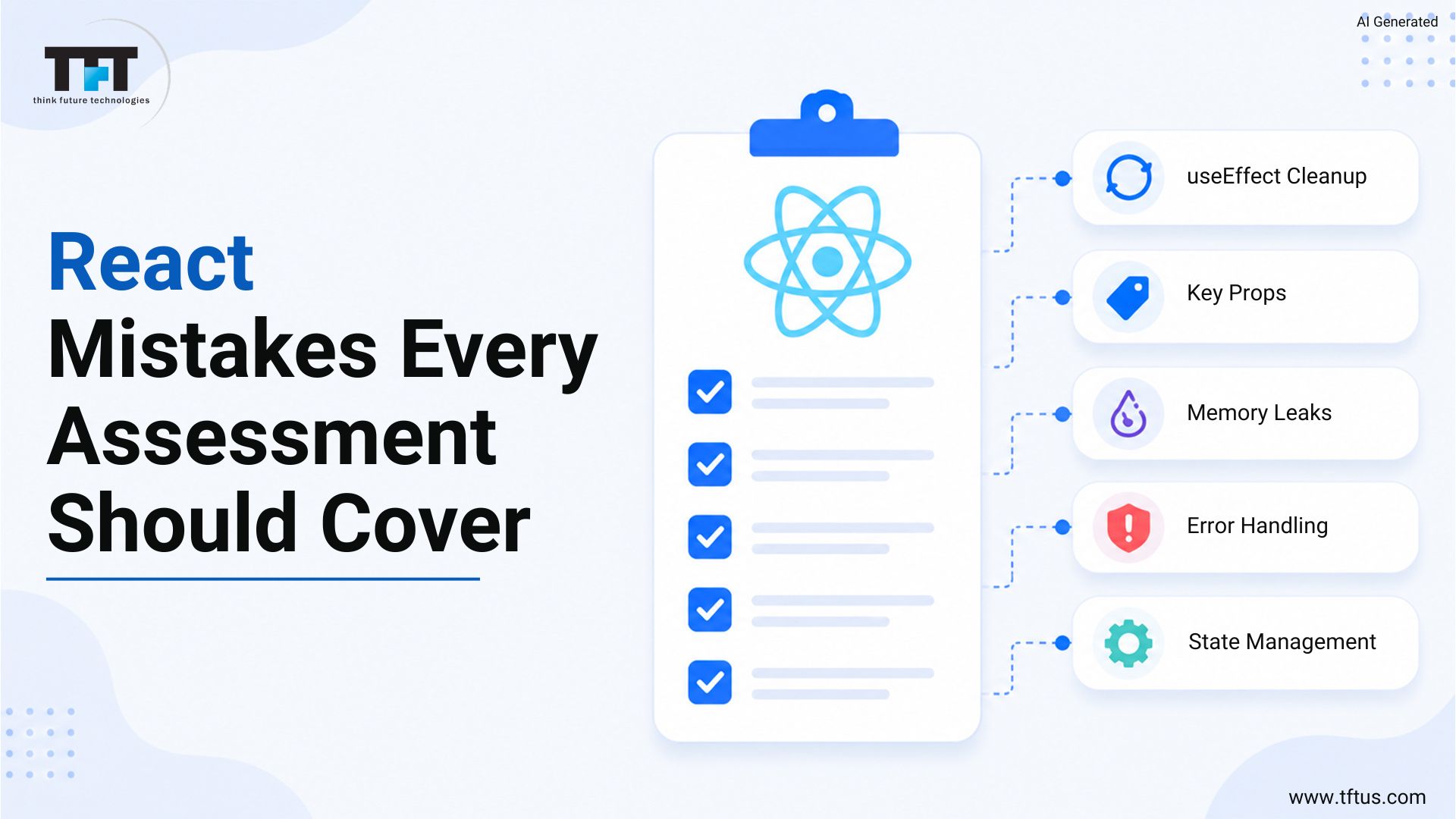 React developer assessment checklist covering useEffect cleanup, key props, memory leak prevention, error handling, and state management skills