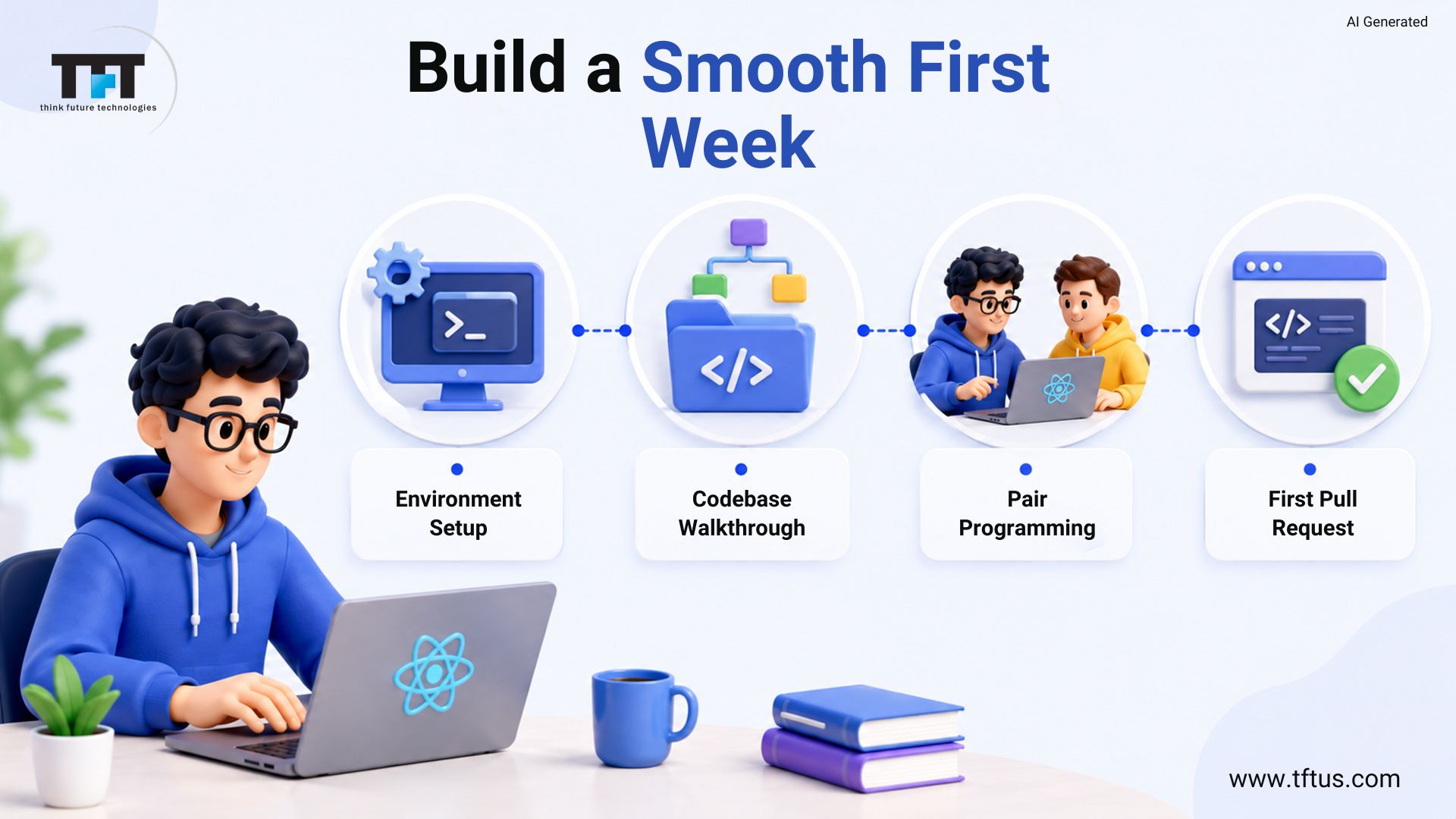 An infographic titled Build a Smooth First Week by think future technologies. It shows a 3D cartoon developer working on a laptop next to a horizontal timeline of four onboarding steps: Environment Setup, Codebase Walkthrough, Pair Programming, and First Pull Request.