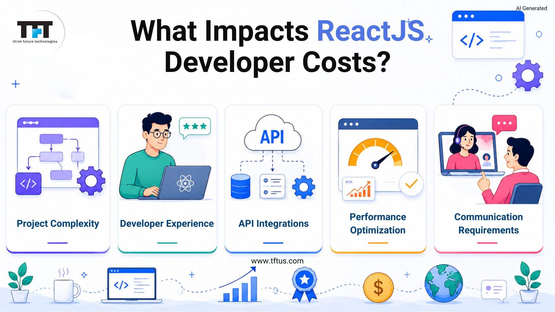 Key factors affecting ReactJS development costs, including project complexity, developer experience, API integrations, performance optimization, and communication requirements