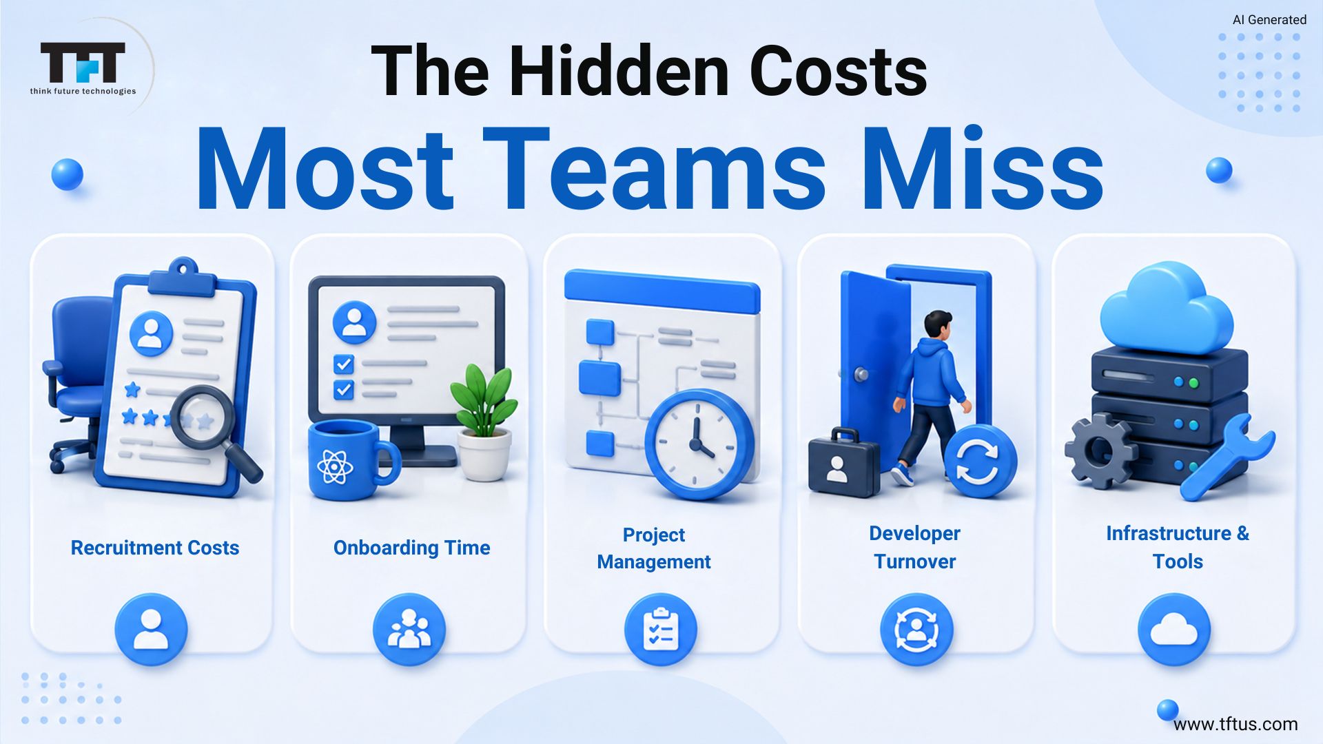 Hidden ReactJS development costs including recruitment, onboarding, project management, developer turnover, infrastructure, and software tools