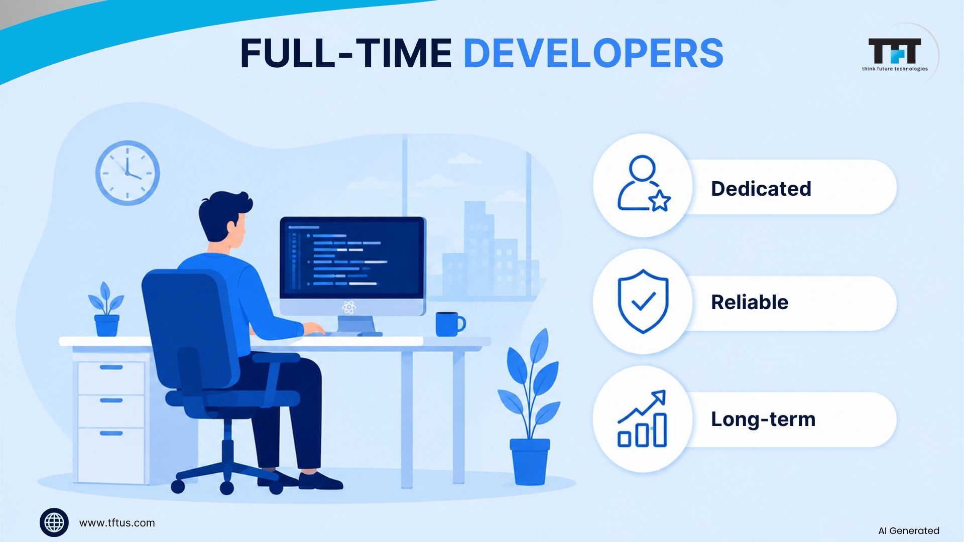 Illustration showcasing the benefits of hiring full-time ReactJS developers, including dedicated support, reliability, and long-term commitment to business growth.
