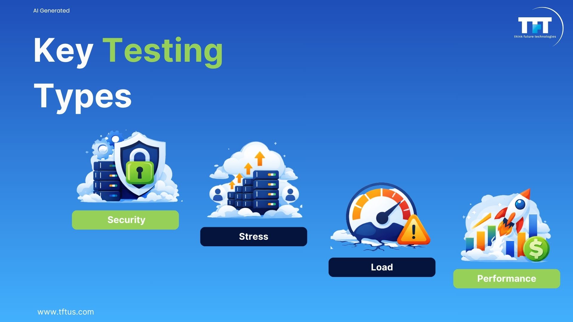 Performance Testing Of SaaS-Based Application 4 Illustration highlighting the major types of SaaS performance testing, including security testing, stress testing, load testing, and overall performance testing.