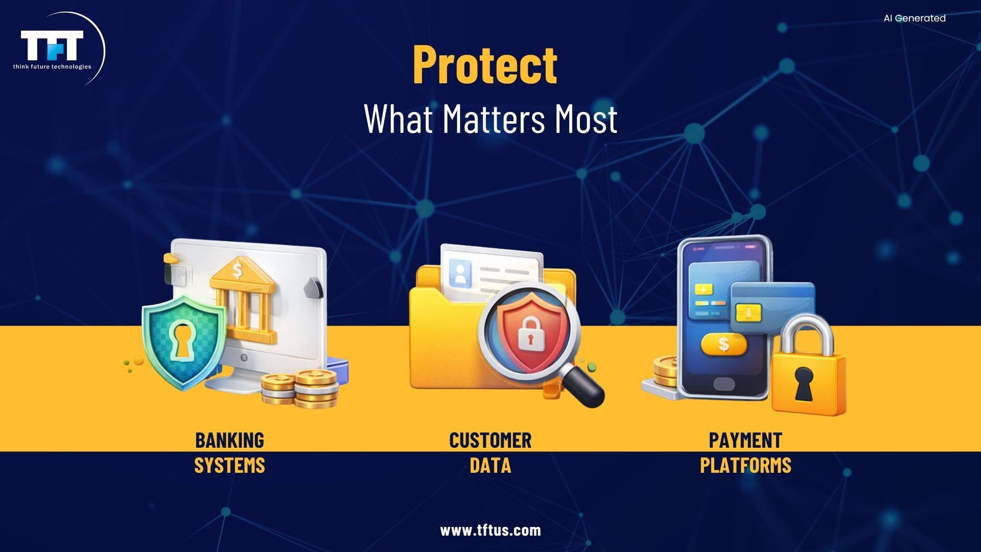 Illustration showing the critical assets protected through penetration testing, including banking systems, customer data, and payment platforms against evolving cyber threats.
