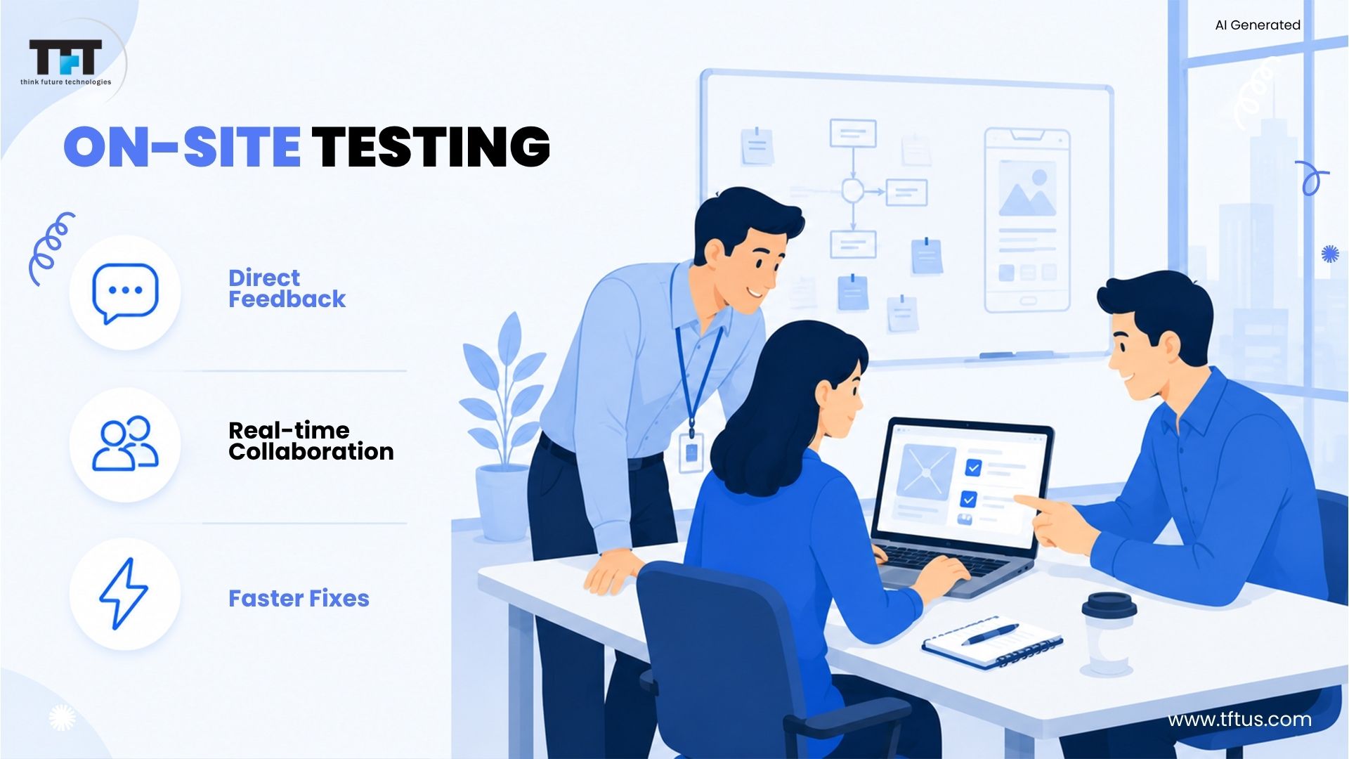 Illustration highlighting on-site testing, demonstrating direct feedback, real-time collaboration, and faster issue resolution through in-person teamwork.
